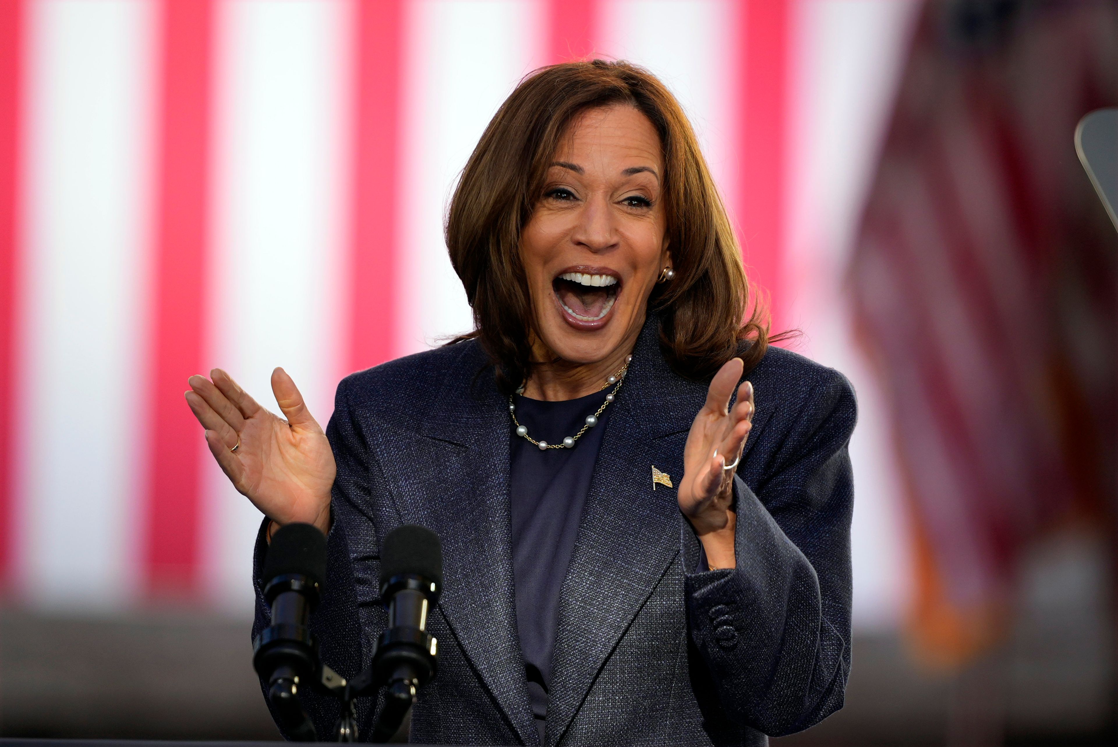 Democratic presidential nominee Vice President Kamala Harris speaks during a campaign event at Washington Crossing Historic Park, Wednesday, Oct. 16, 2024, in Washington Crossing, Pa. (AP Photo/Matt Slocum)