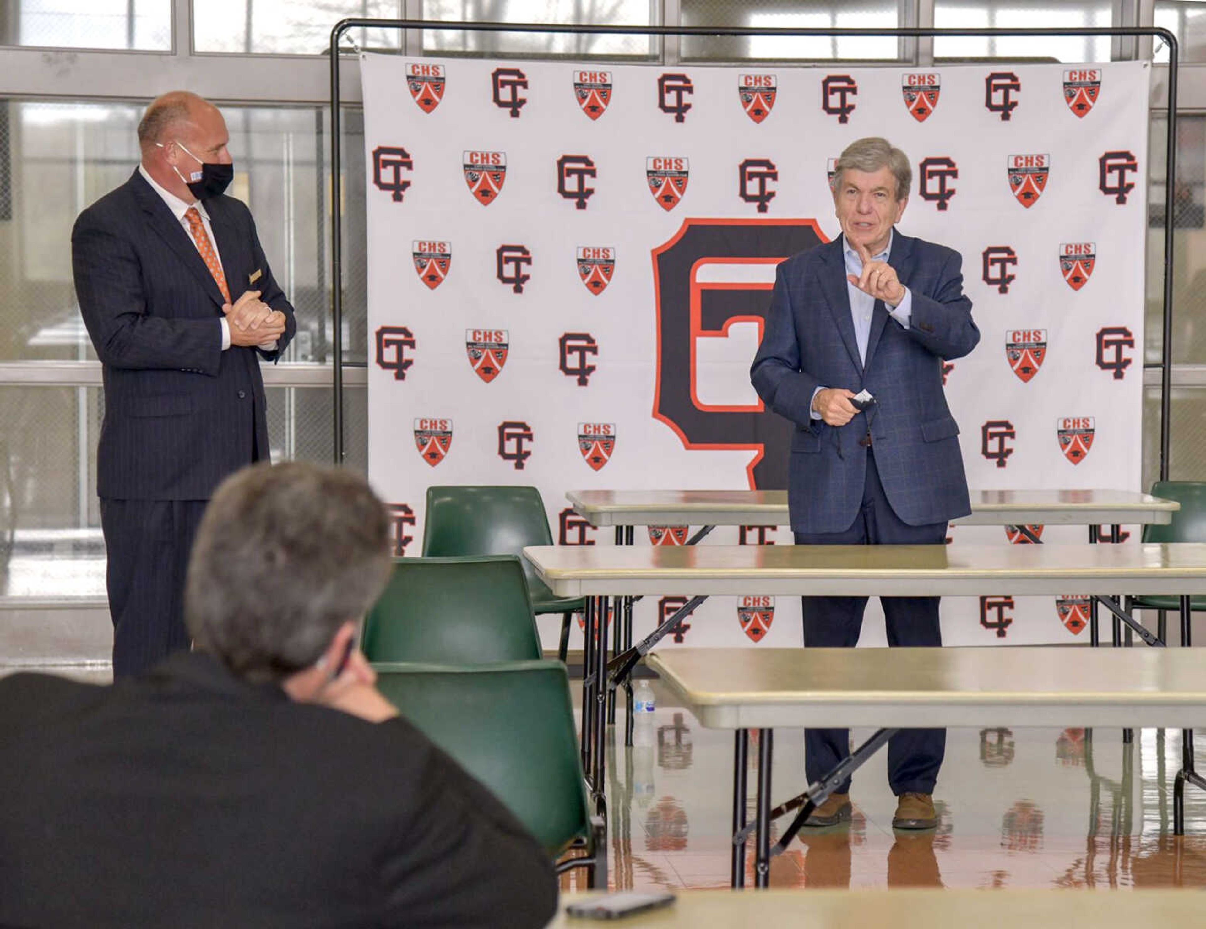 U.S. Sen. Roy Blunt, right, speaks during a discussion about school operations during the pandemic, Wednesday at Cape Girardeau Central High School in Cape Girardeau.