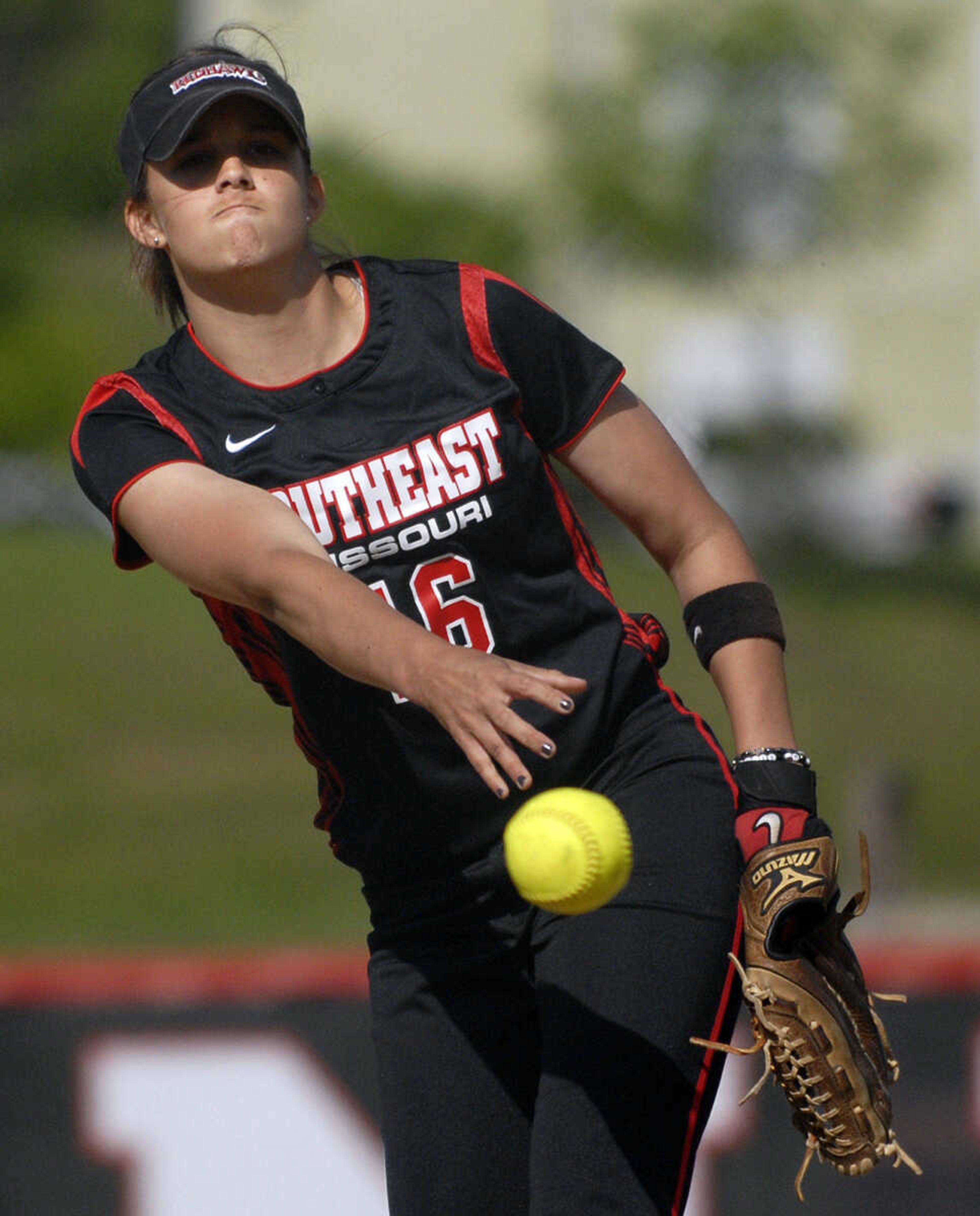 LAURA SIMON~lsimon@semissourian.com
Southeast pitcher Alora Marble hurls in a pitch to a Saint Louis University player in the first game of a double-header Wednesday, May 4, 2011 at the Southeast Softball Complex.