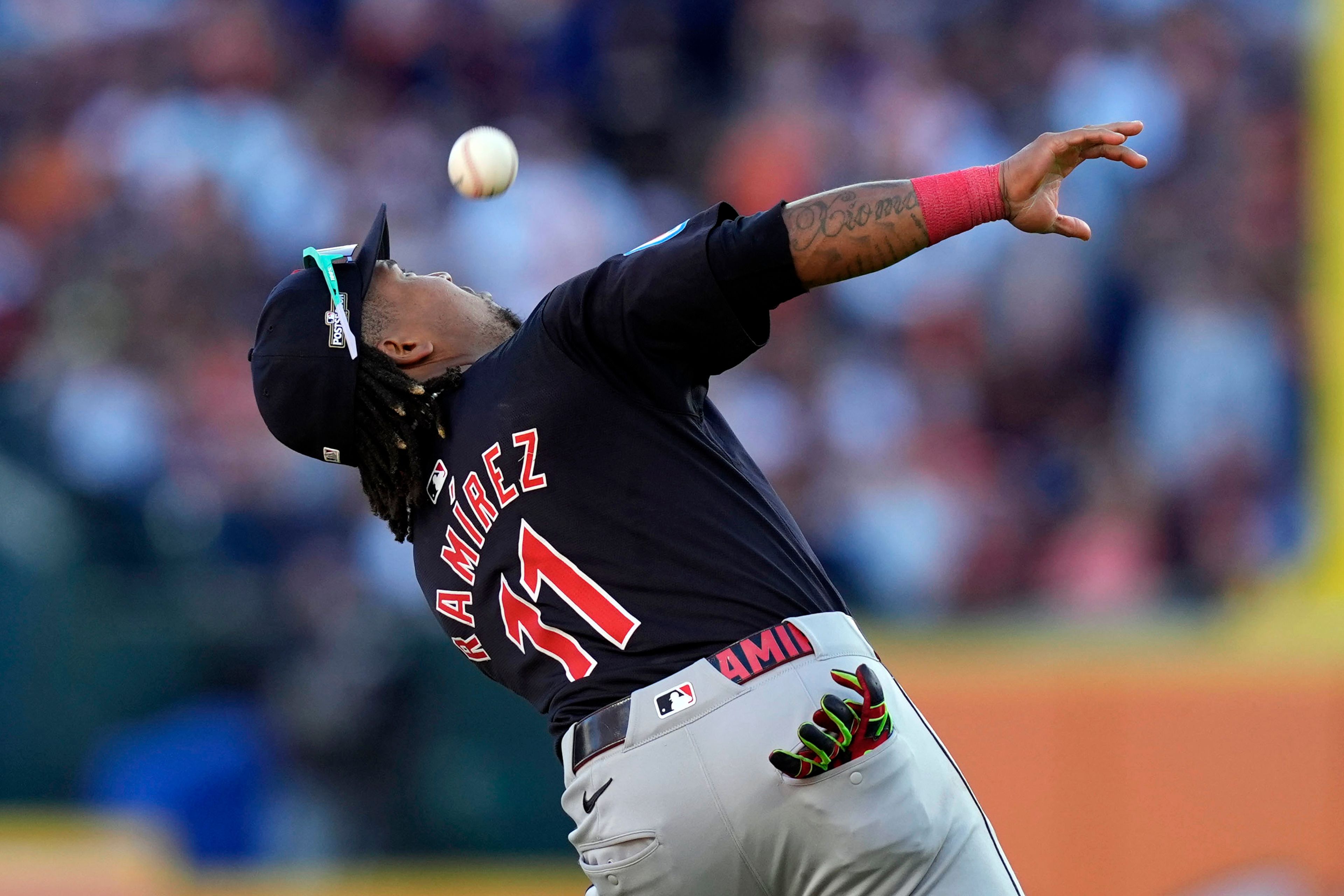 Cleveland Guardians third baseman José Ramírez catches a fly ball hit by Detroit Tigers' Jace Jung in the seventh inning during Game 3 of a baseball American League Division Series, Wednesday, Oct. 9, 2024, in Detroit. (AP Photo/Carlos Osorio)