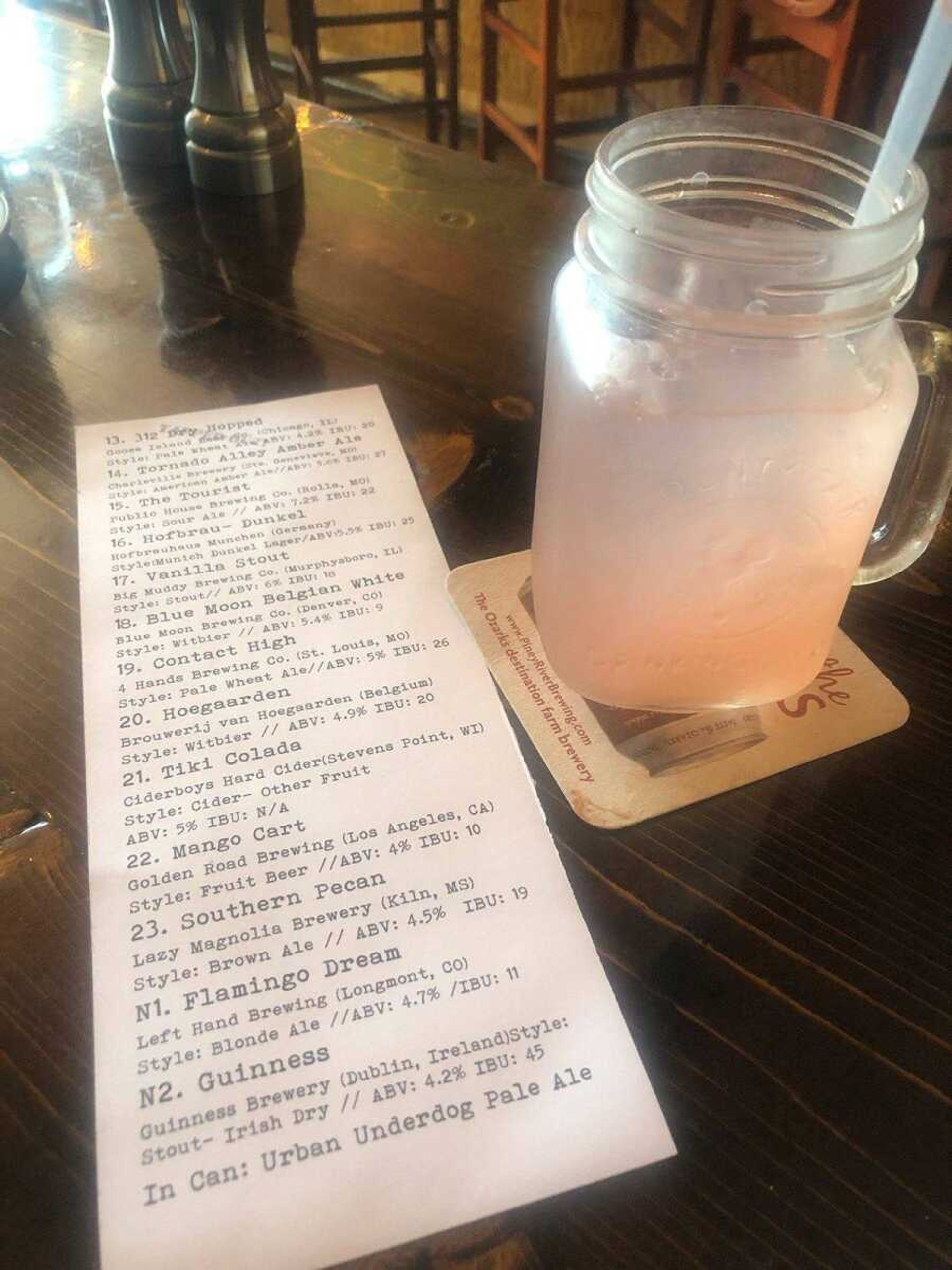 Strawberry lemonade and a drink menu is seen at Mary Jane Burgers & Brew in Perryville, Missouri.