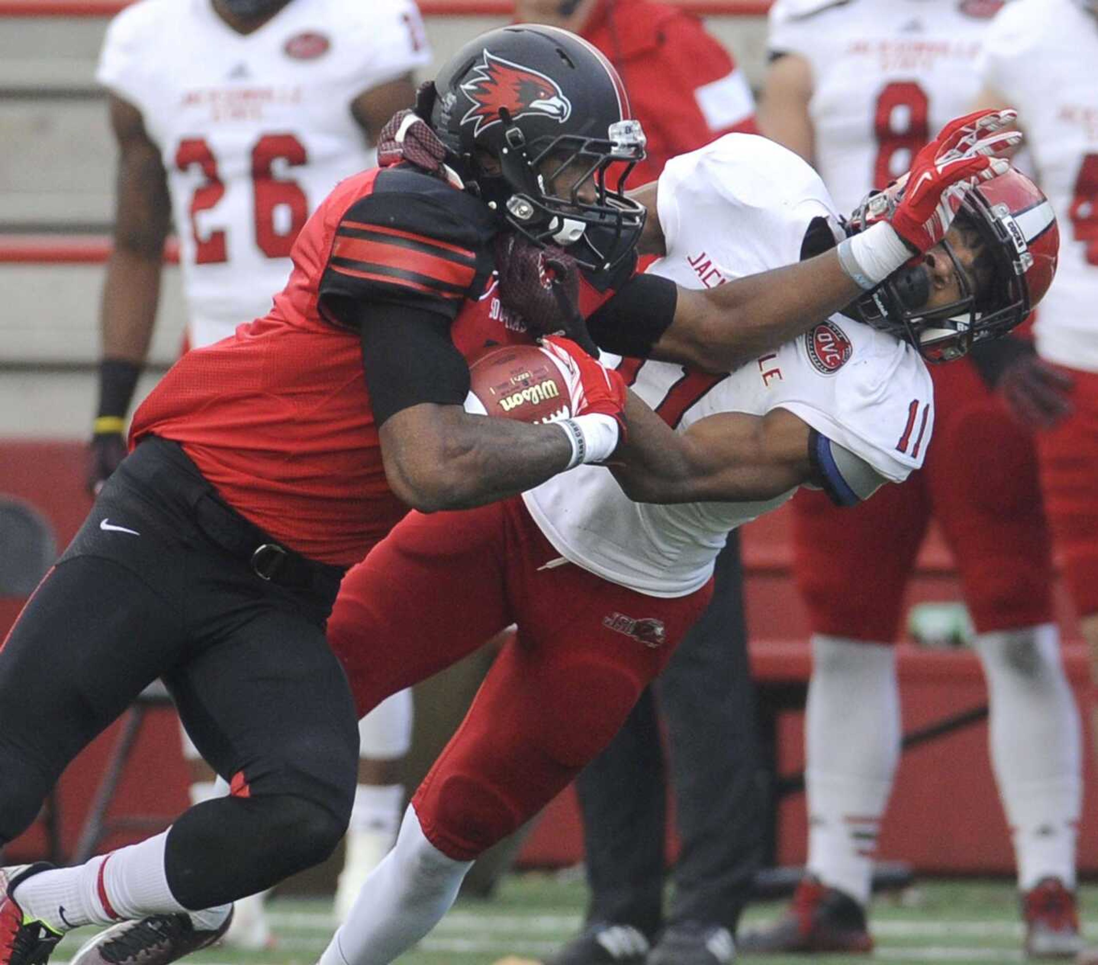 Southeast Missouri State wide receiver Paul McRoberts, left, was named to the Preseason All-Ohio Valley Conference team Monday, which is selected by the conference's coaches and sports information directors. (Fred Lynch)