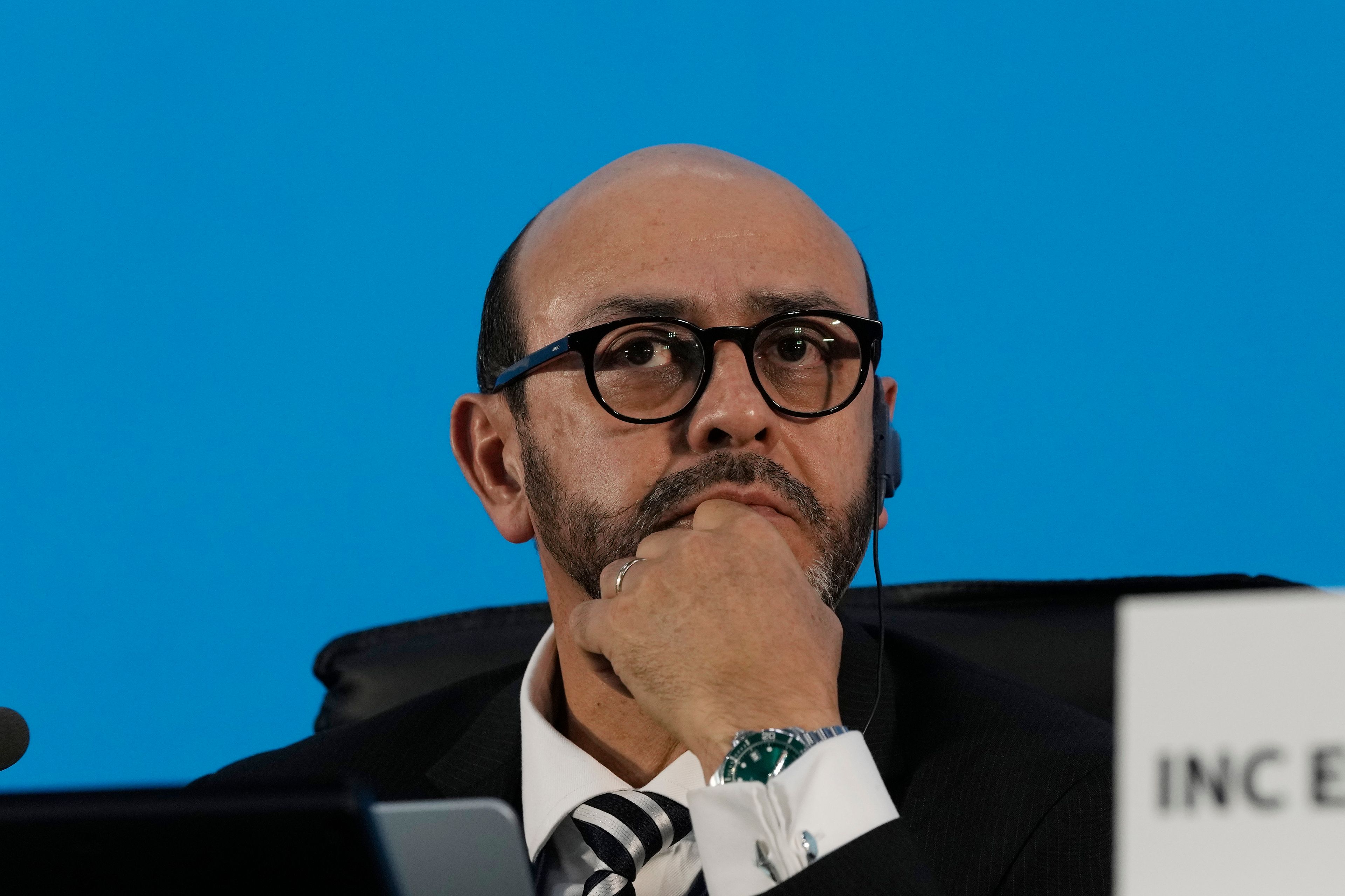 Chair of the International Negotiating Committee Luis Vayas Valdivieso reacts during a plenary of the fifth session of the Intergovernmental Negotiating Committee on Plastic Pollution in Busan, South Korea, Sunday, Dec. 1, 2024. (AP Photo/Ahn Young-joon)