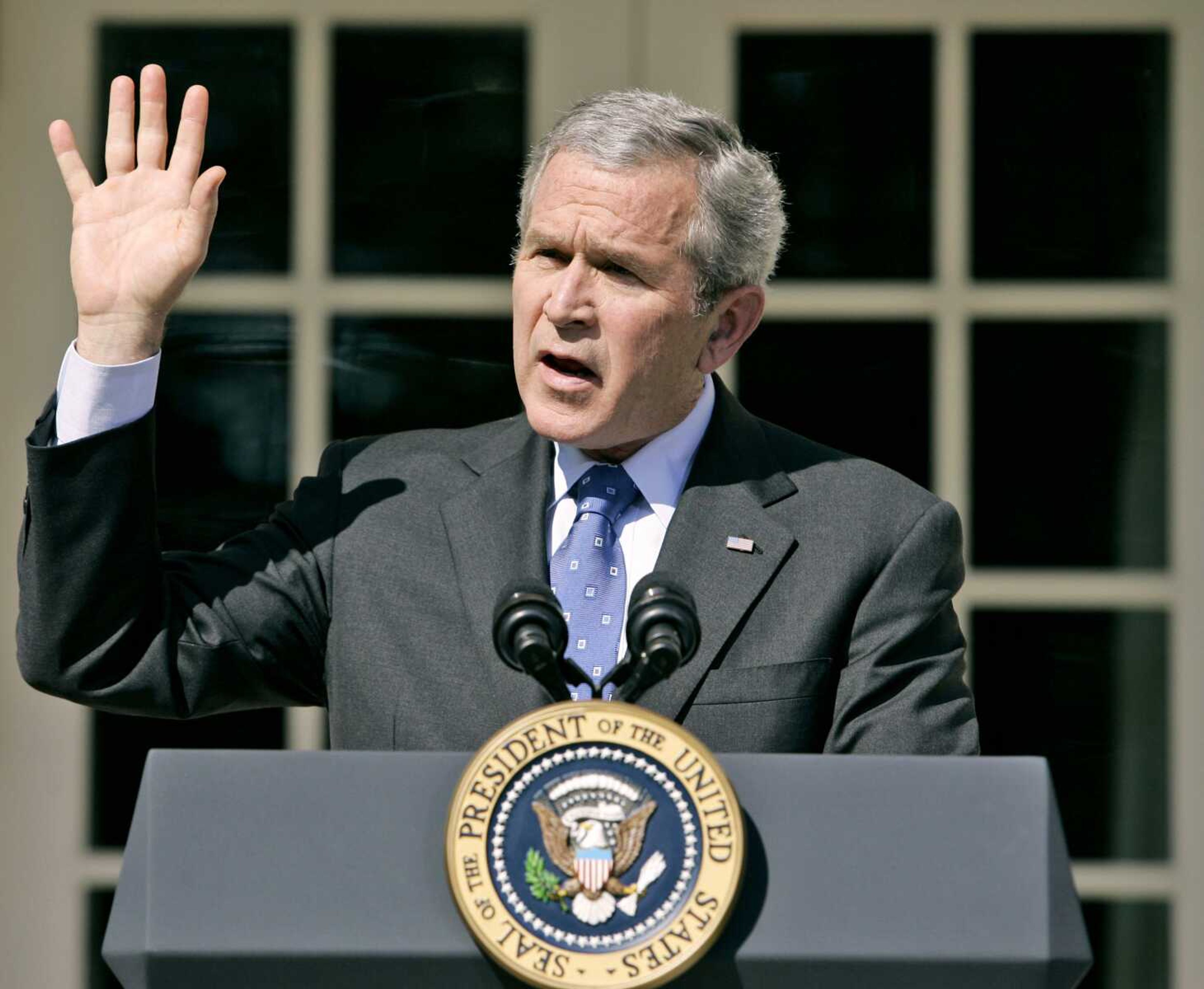 President Bush speaks about the debate on Iraq war spending April 3, 2007, at the White House. Over time, more GOP politicians have said the absence of weapons of mass destruction in Iraq undermined Bush's rationale for the 2003 invasion. (Associated Press)