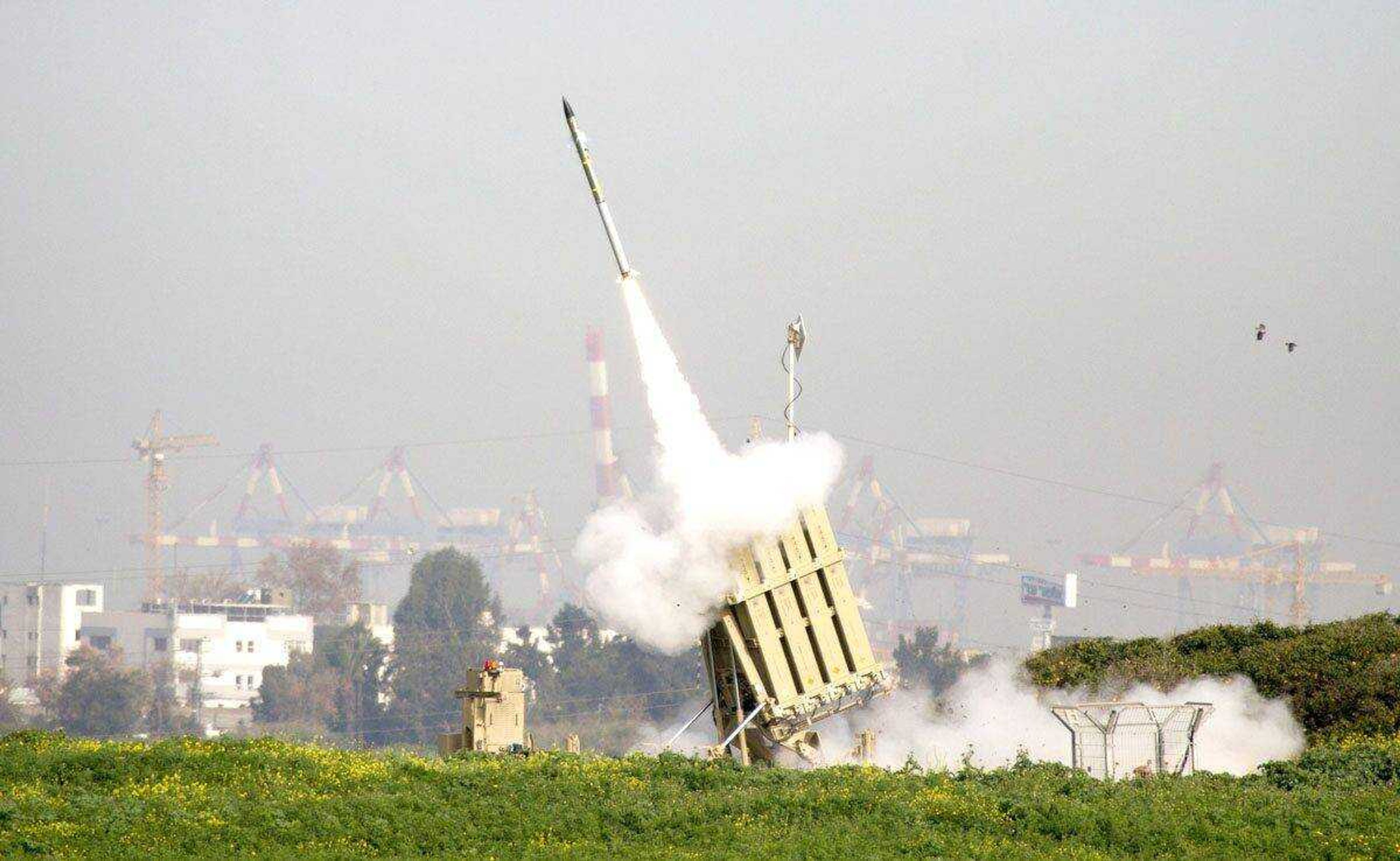 A rocket is launched Sunday from the Israeli anti-missile system known as Iron Dome in order to intercept a rocket fired by Palestinian militants from the Gaza Strip in Ashdod, Israel.<br>Ariel Schalit<br>Associated Press