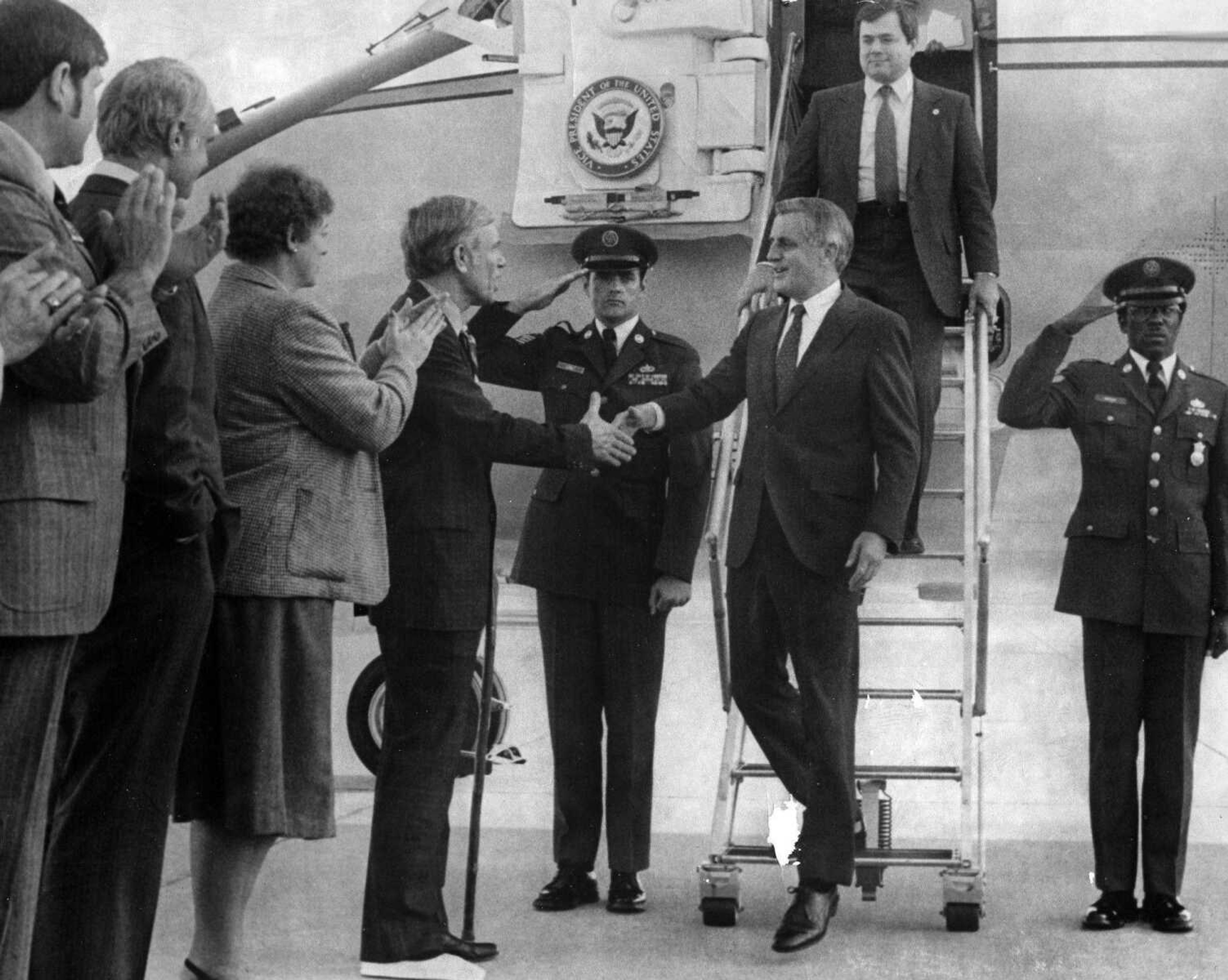 Southeast Missourian archive
Vice President Walter Mondale steps off Air Force Two at the Cape Girardeau Municipal Airport on Nov. 1, 1980 during a campaign stop, first shaking hands with U.S. Rep. Bill Burlison.