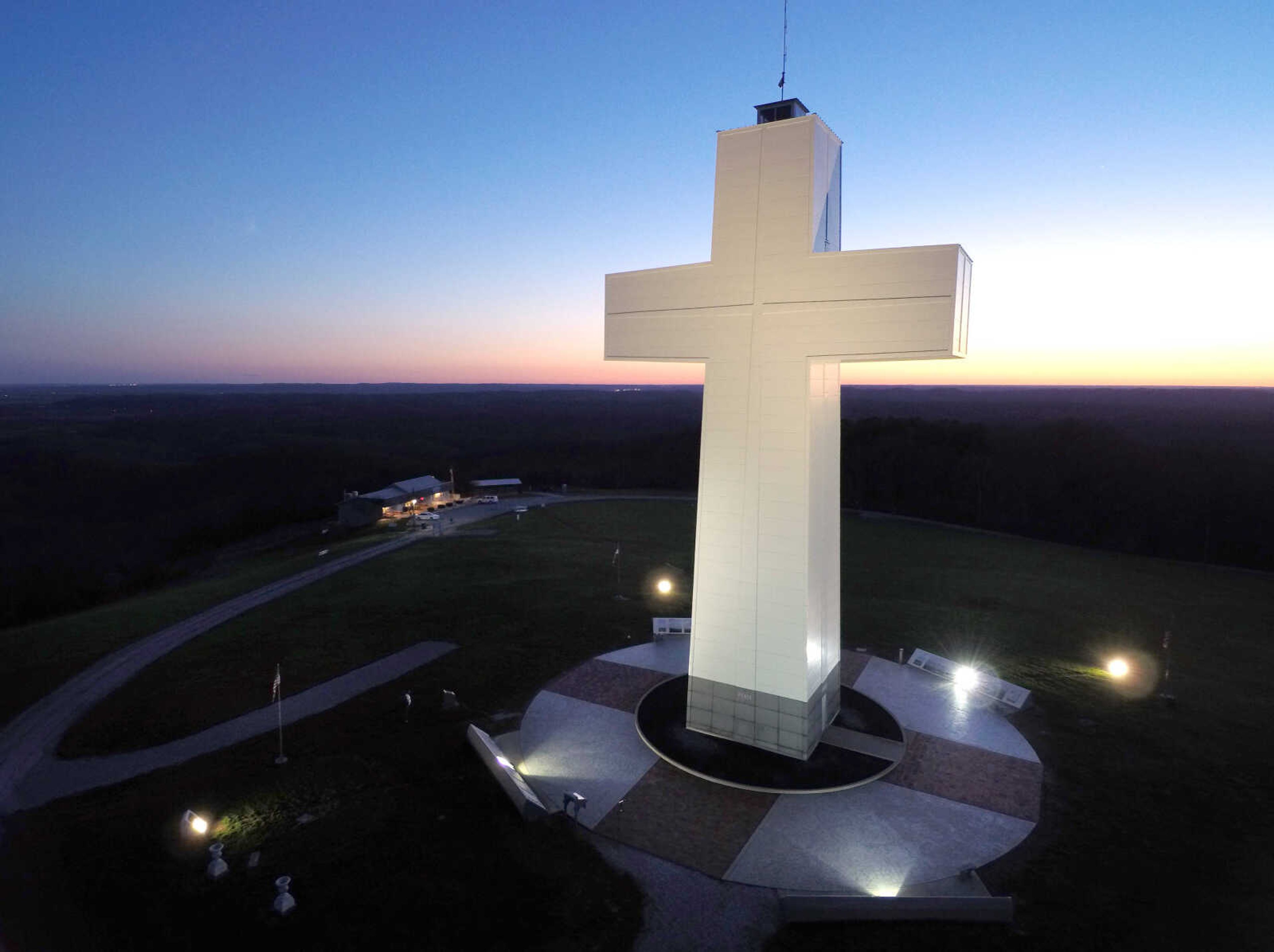 FRED LYNCH ~ flynch@semissourian.com
The Bald Knob Cross of Peace is illuminated after sunset Friday, March 30, 2018 in this drone view near Alto Pass, Illinois.