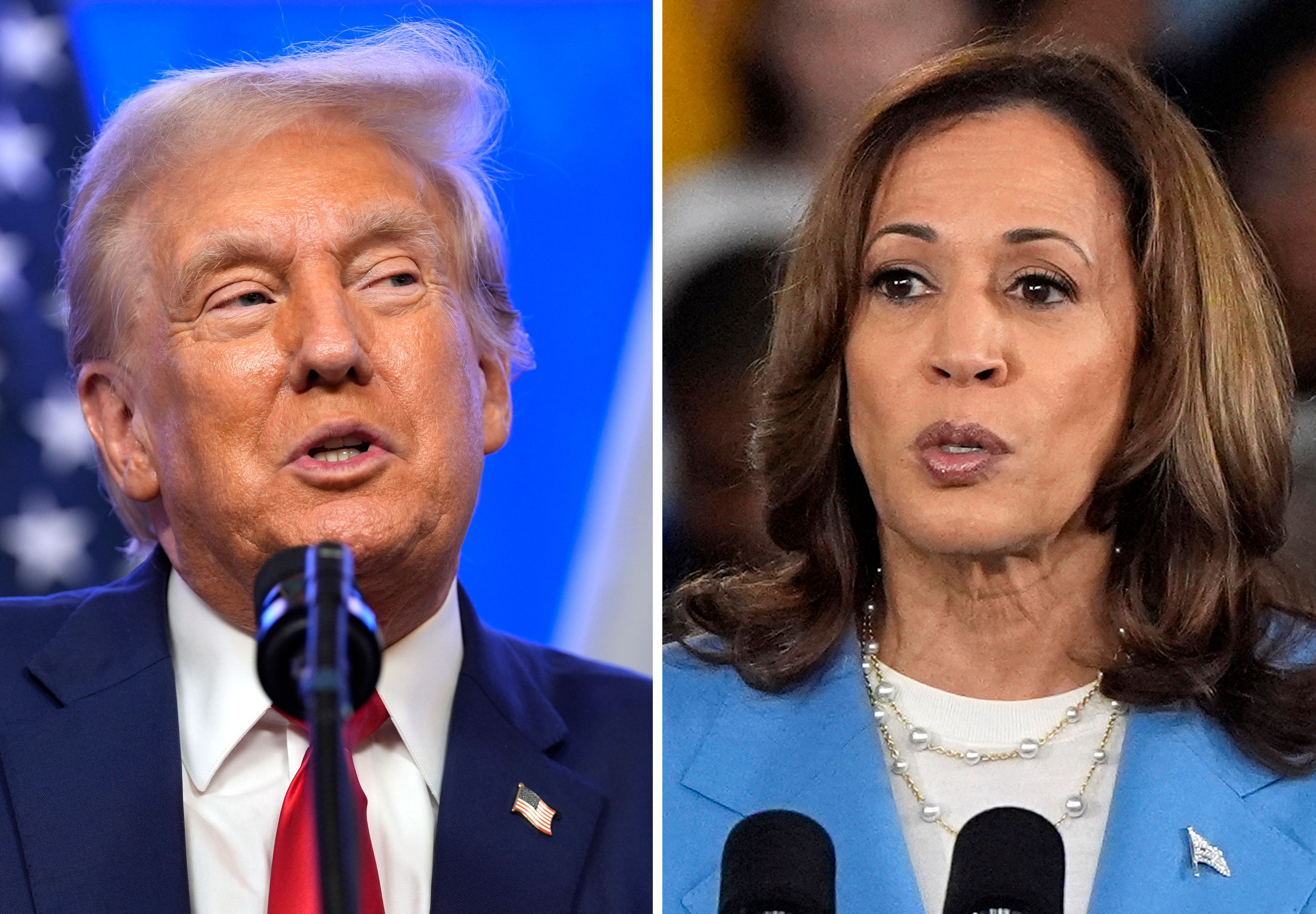 This combination photo shows Republican presidential nominee former President Donald Trump at an event, Aug. 15, 2024, in Bedminster, N.J., left, and Democratic presidential nominee Vice President Kamala Harris at a campaign event in Raleigh, N.C., Aug. 16, 2024. (AP Photo)