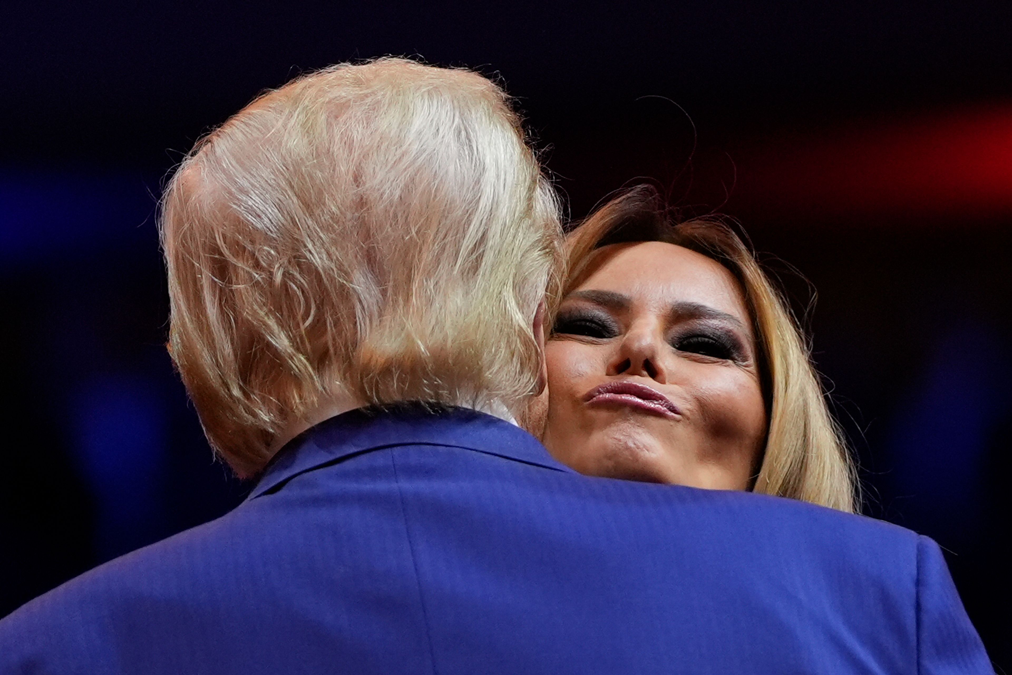 Republican presidential nominee former President Donald Trump greets former first lady Melania Trump during a campaign rally at Madison Square Garden, Sunday, Oct. 27, 2024, in New York. (AP Photo/Julia Demaree Nikhinson)