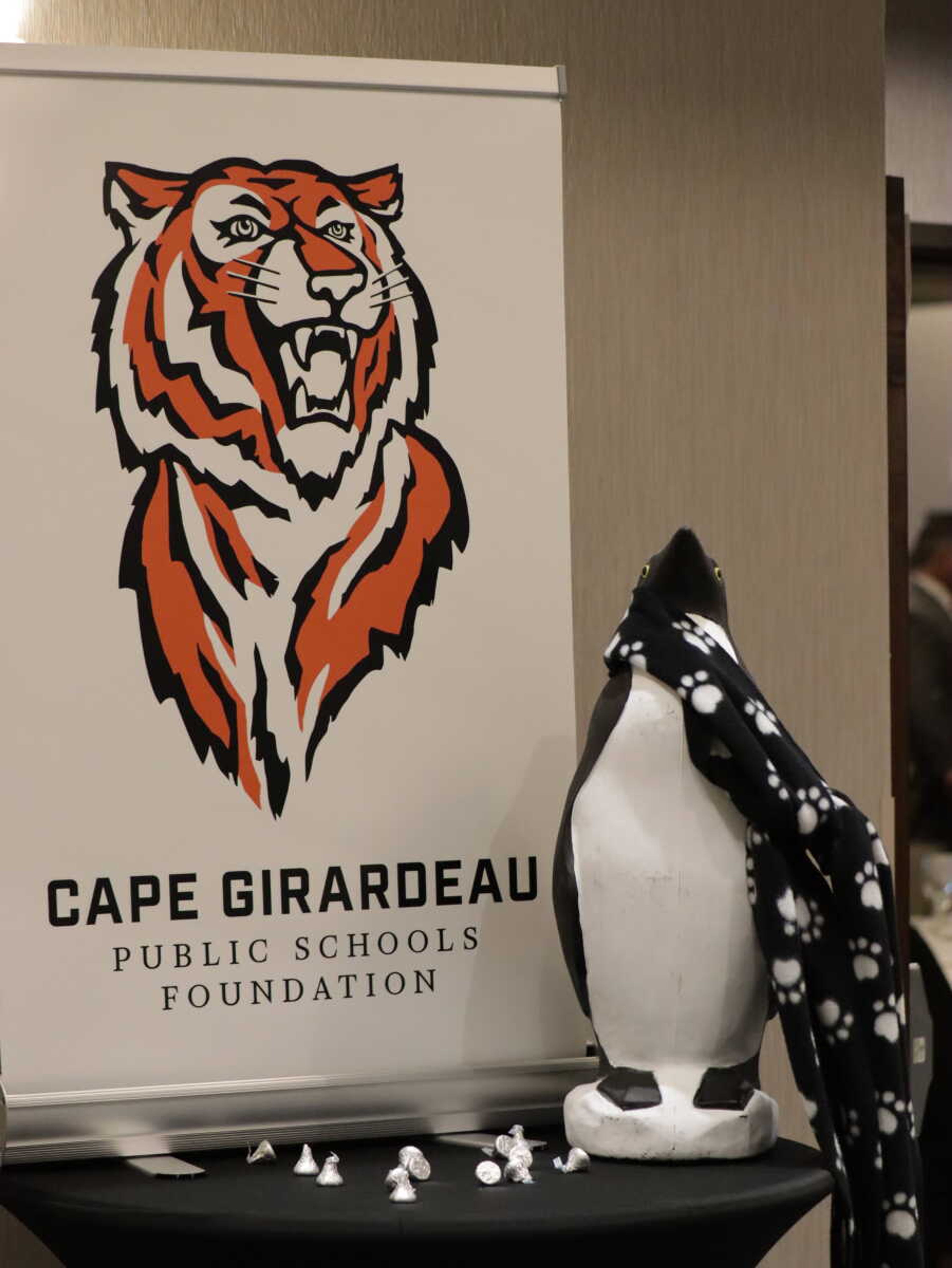 Cape Schools sign accompanied by a penguin standing for the penguin party.