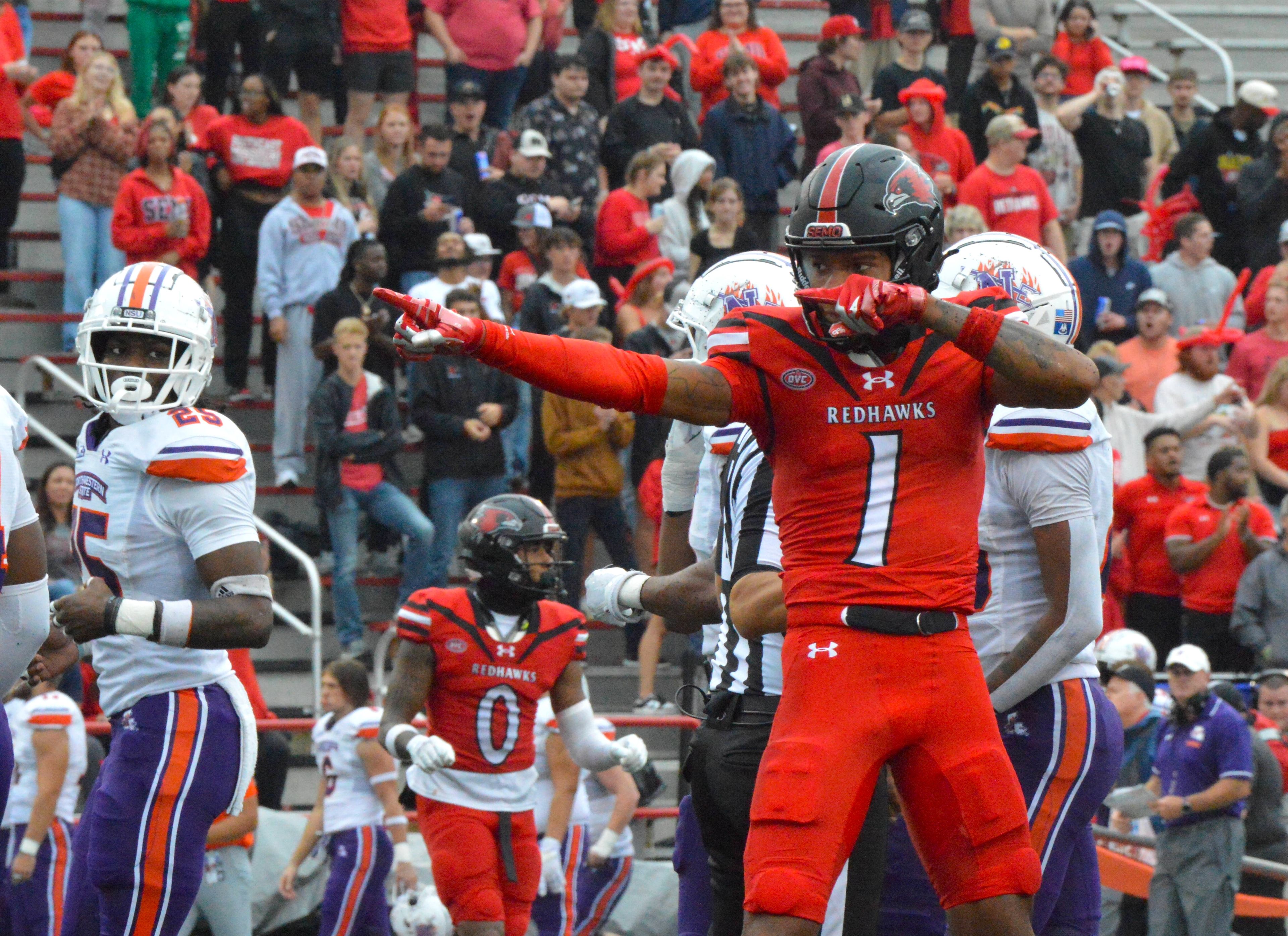 SEMO junior wide receiver Tristan Smith celebrates after picking up a first down against Northwestern State on Saturday, Sept. 28. Smith finished the day with four receptions for 56 yards. 