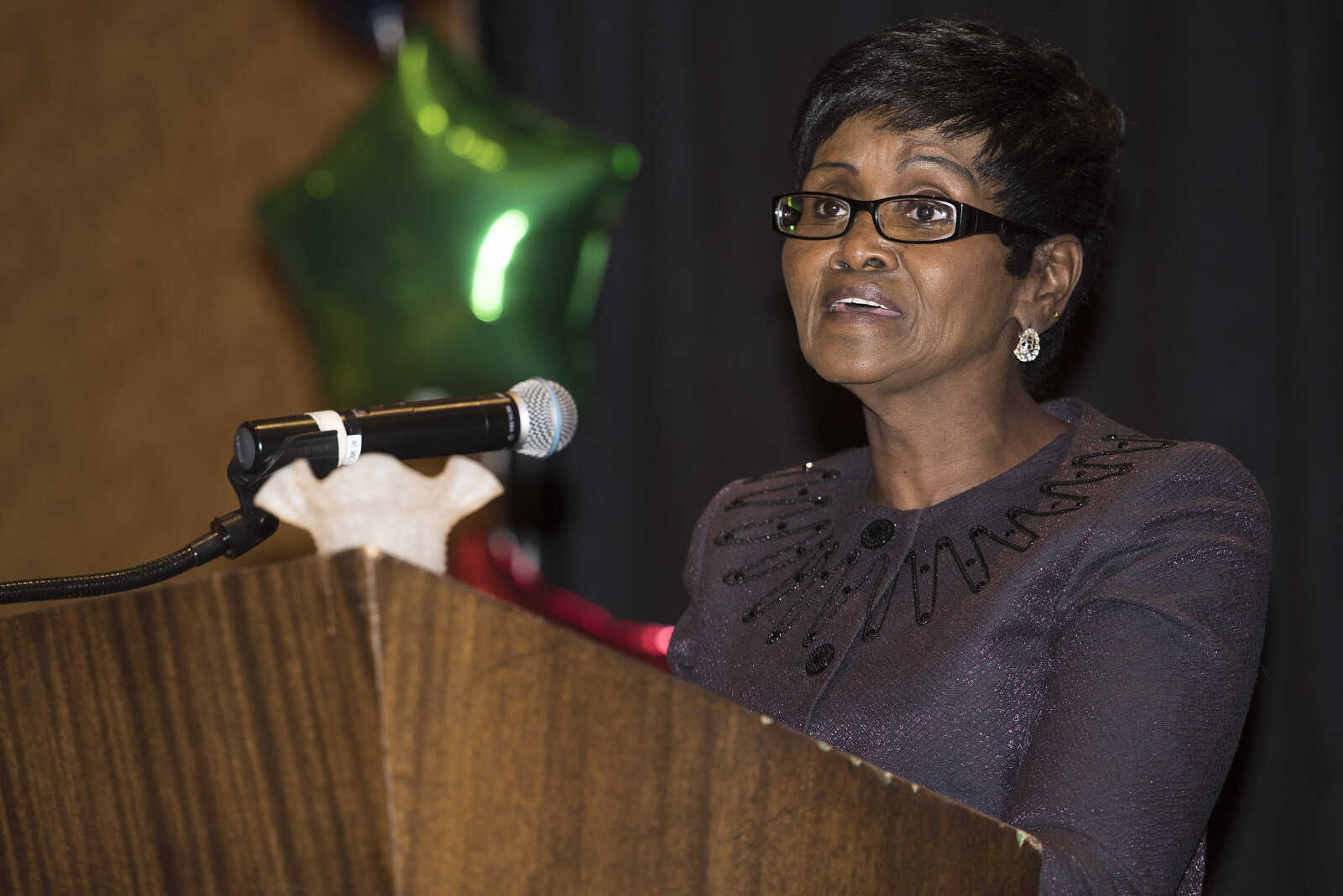 Habitat for Humanity homeowner Denise Egbuka speaks at the Cape Area Habitat for Humanity's second annual Hard Hats and High Heels fundraiser Friday, Nov. 9, 2018, at Isle Casino Cape Girardeau.