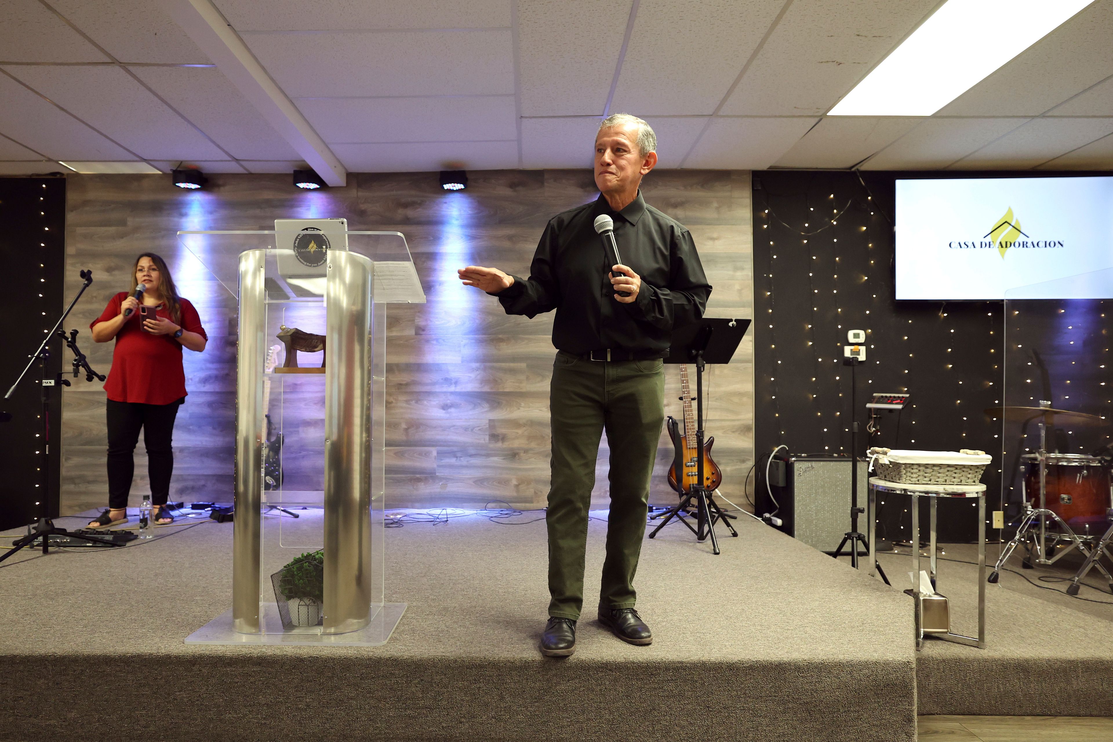 Pastor Arturo Laguna speaks during services at Casa de Adoracion, Sunday, Oct. 27, 2024 in Phoenix. (AP Photo/Chris Coduto)