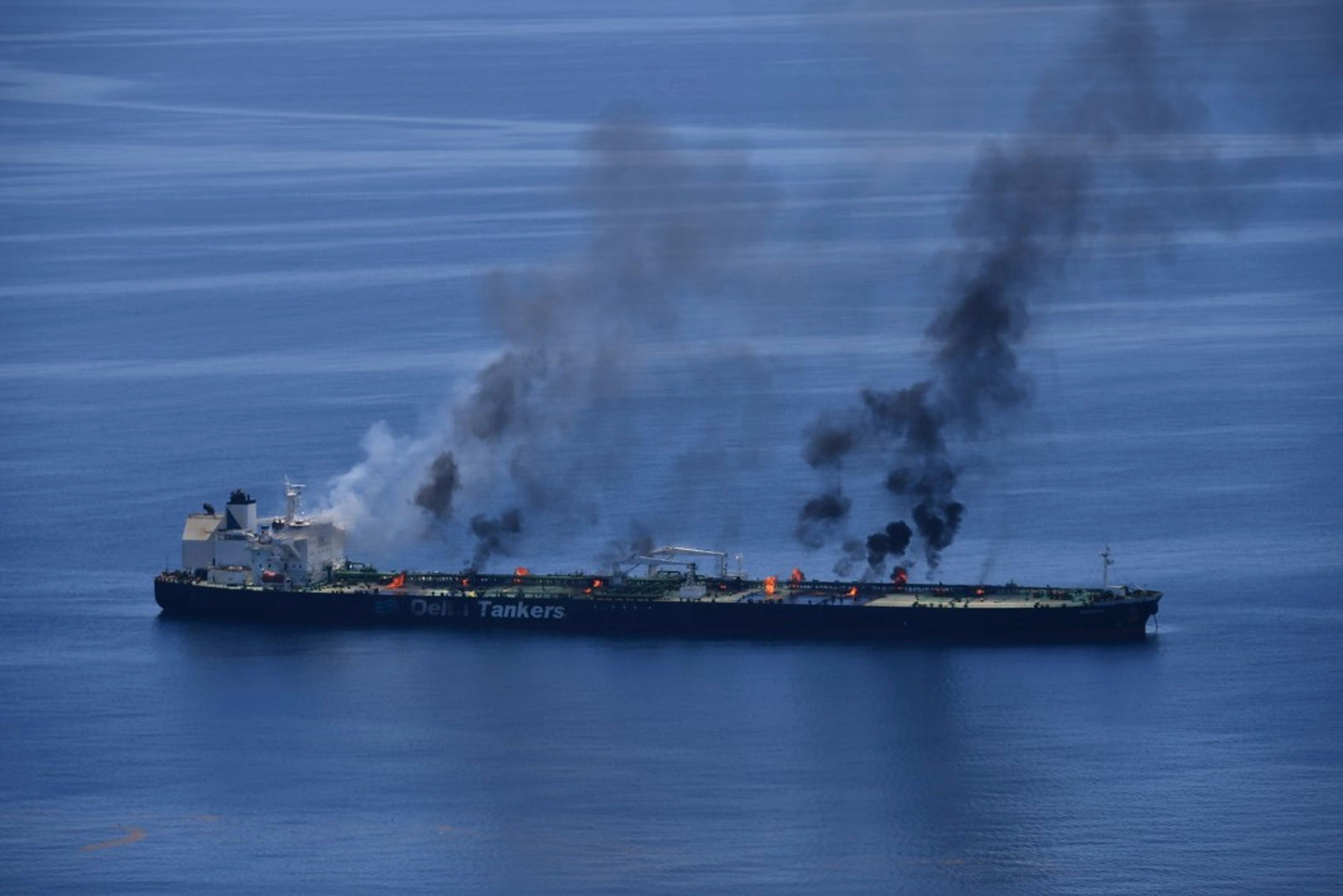 This photo released by the European Union's Operation Aspides shows fires burning aboard the oil tanker Sounion in the Red Sea on Sunday, Aug. 25, 2024. The EU mission said Monday that there were no signs of an oil spill emanating from the Sounion, which came under repeated attack by Yemen's Houthi rebels amid their campaign targeting shipping over the Israel-Hamas war in the Gaza Strip. (European Union's Operation Aspides via AP)