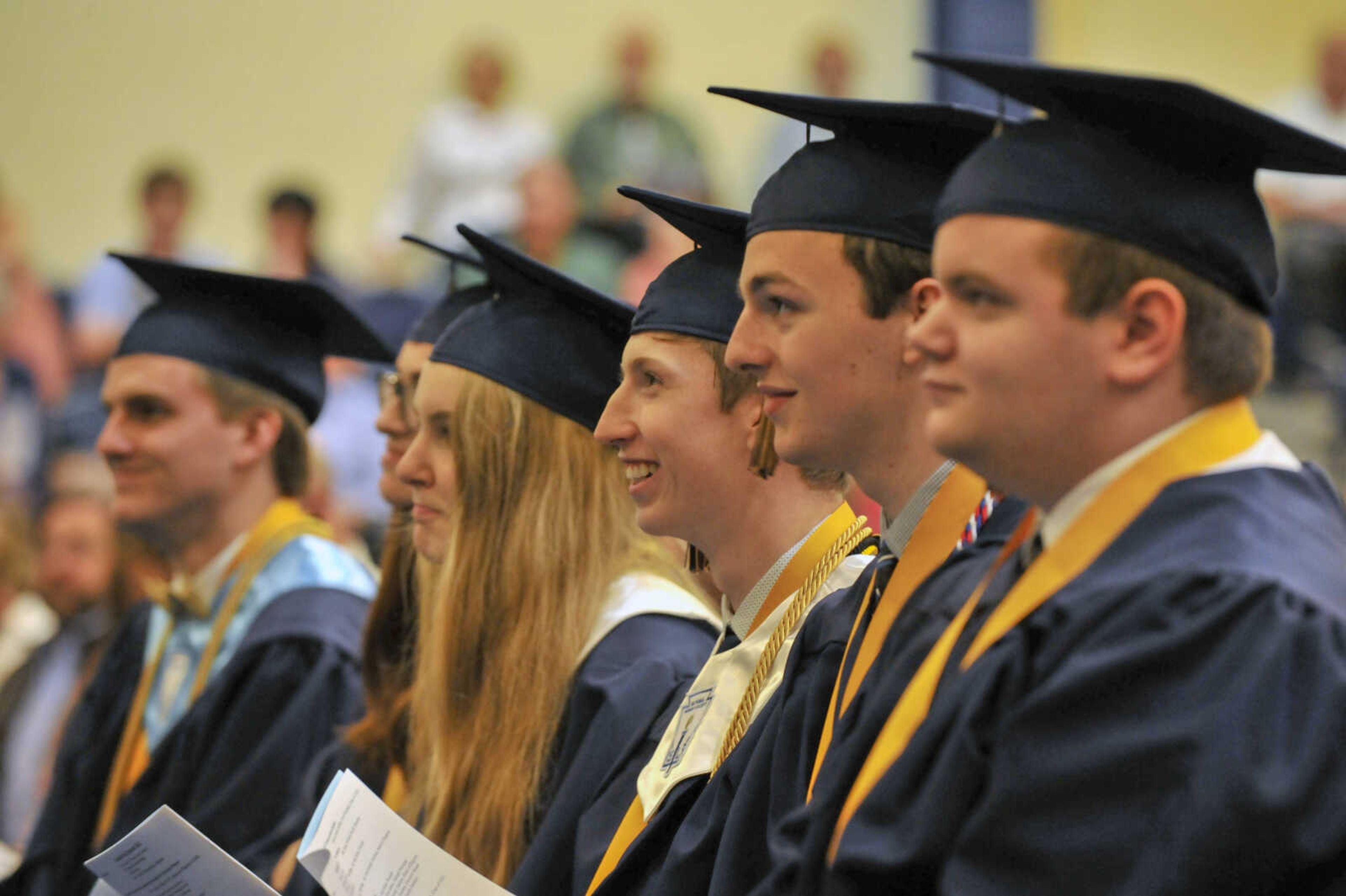 Graduates laugh during commencement at Saxony Lutheran High School on Sunday, May 16, 2021.