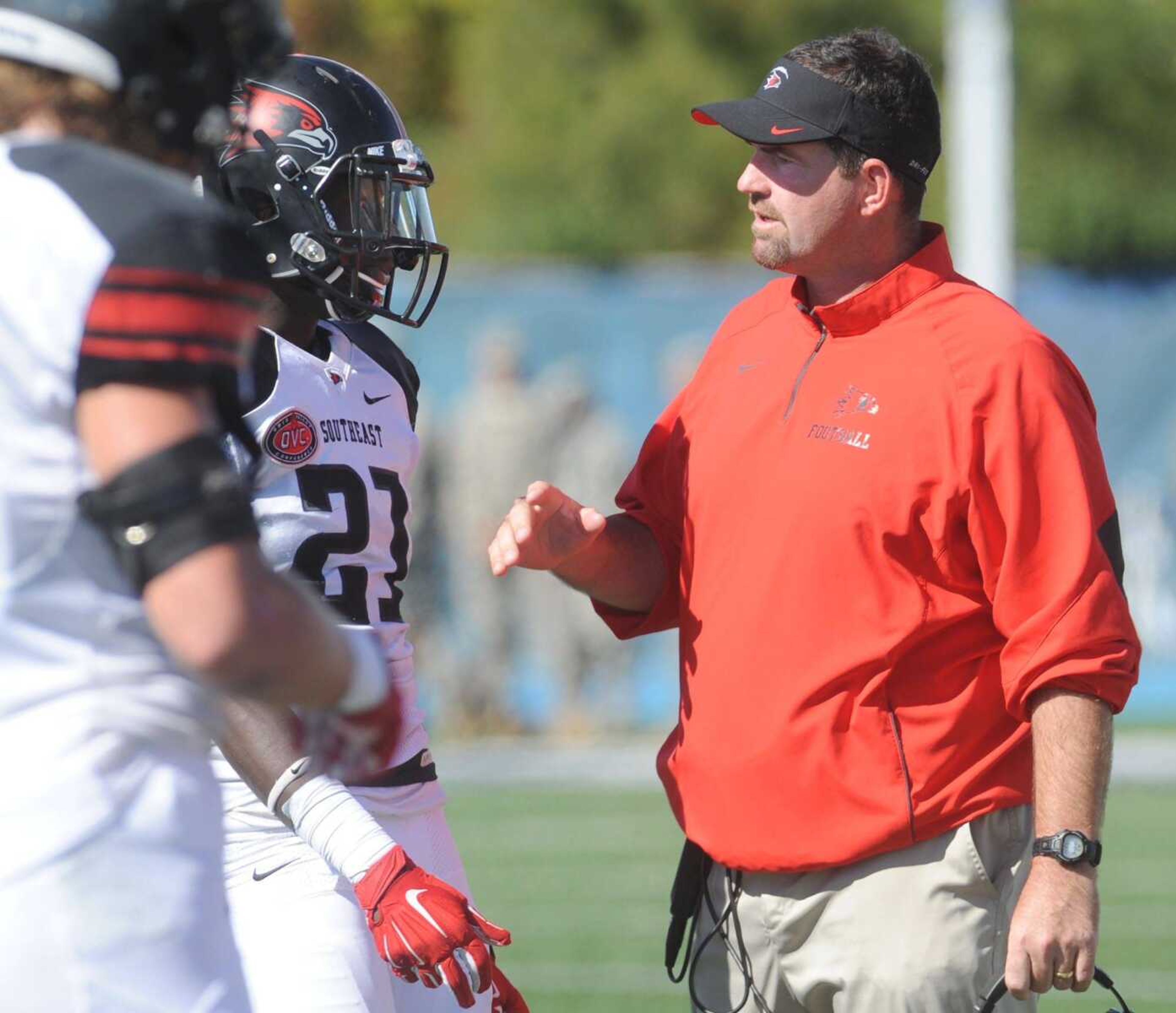 Southeast Missouri State coach Tom Matukewicz talks to Omar Pierre-Louis at Eastern Illinois during the second quarter Saturday, Oct. 10, 2015 in Charleston, Illinois. (Fred Lynch)