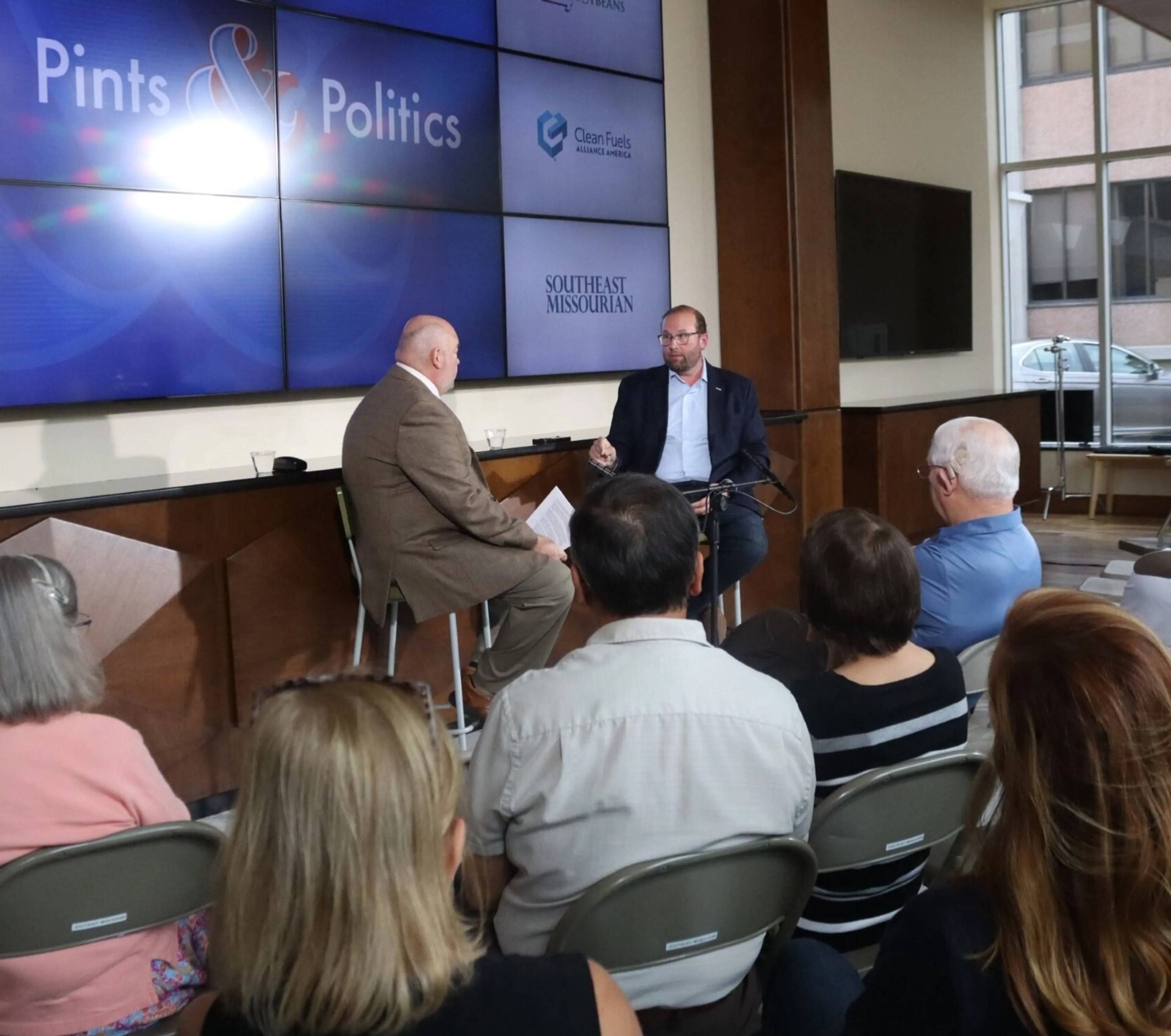 U.S. Rep. Jason Smith answers questions from Southeast Missourian editor Rick Fahr at a “Pints & Politics” event hosted by the newspaper Aug. 21 at the Rust Center for Media in Cape Girardeau.