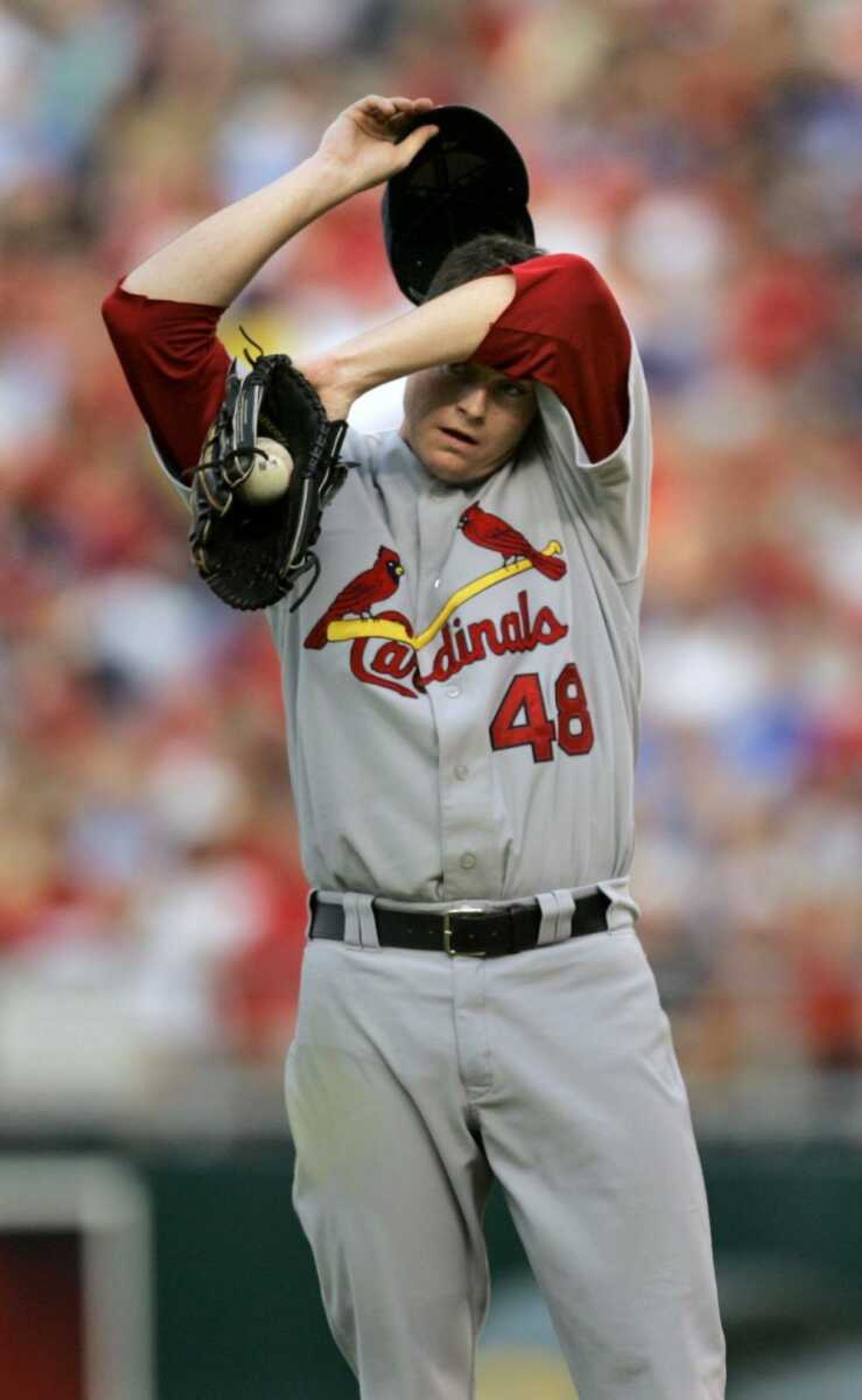 St. Louis Cardinals starter Brad Thompson wiped his brow after hitting a batter during the first inning Tuesday.