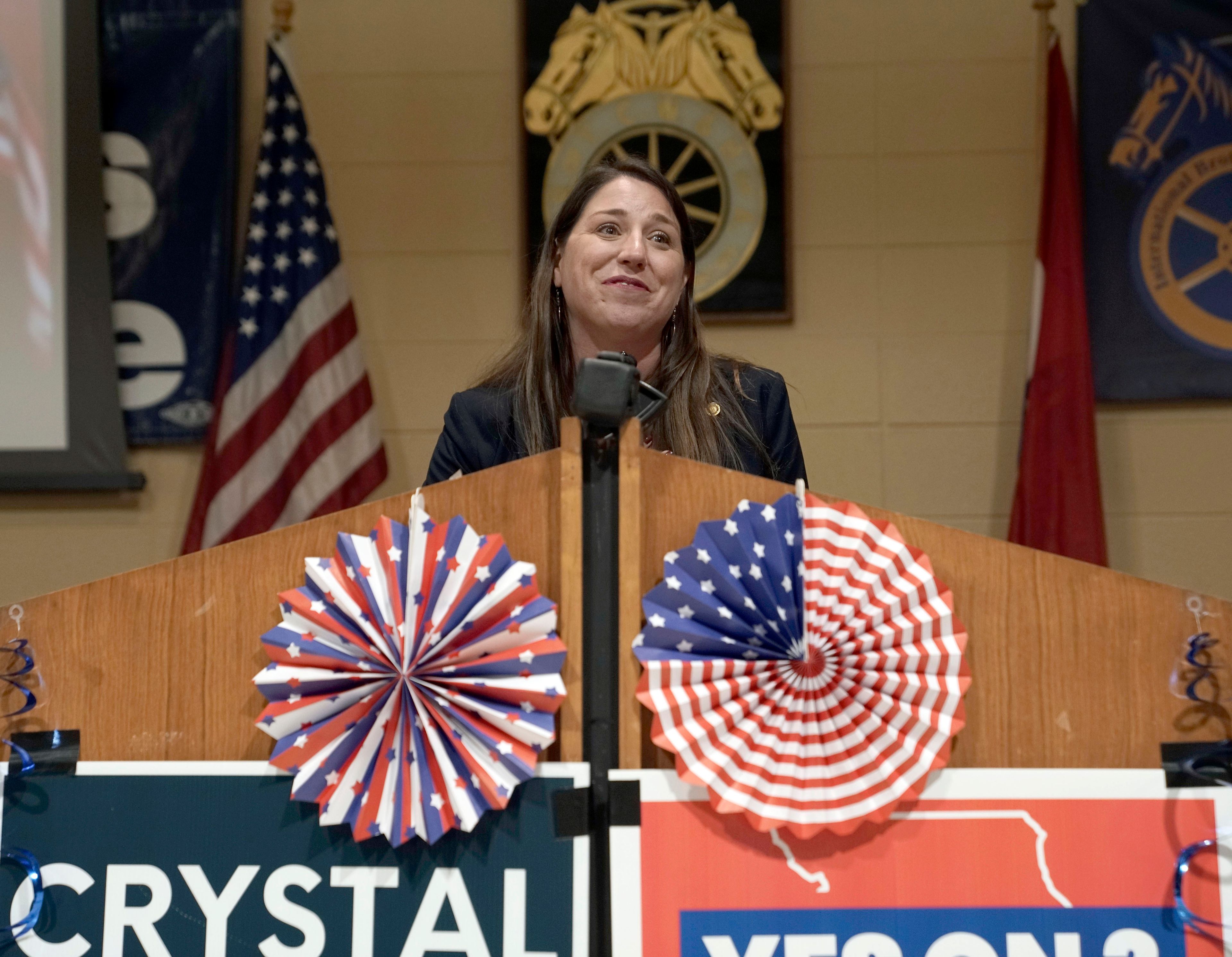 Democrat gubernatorial candidate Crystal Quade addresses supporters as she concedes on election night to Republican Mike Kehoe on Tuesday, Nov. 5, 2024, at Teamsters Hall in Springfield, Mo. (Elizabeth Frysztak/Missourian via AP)