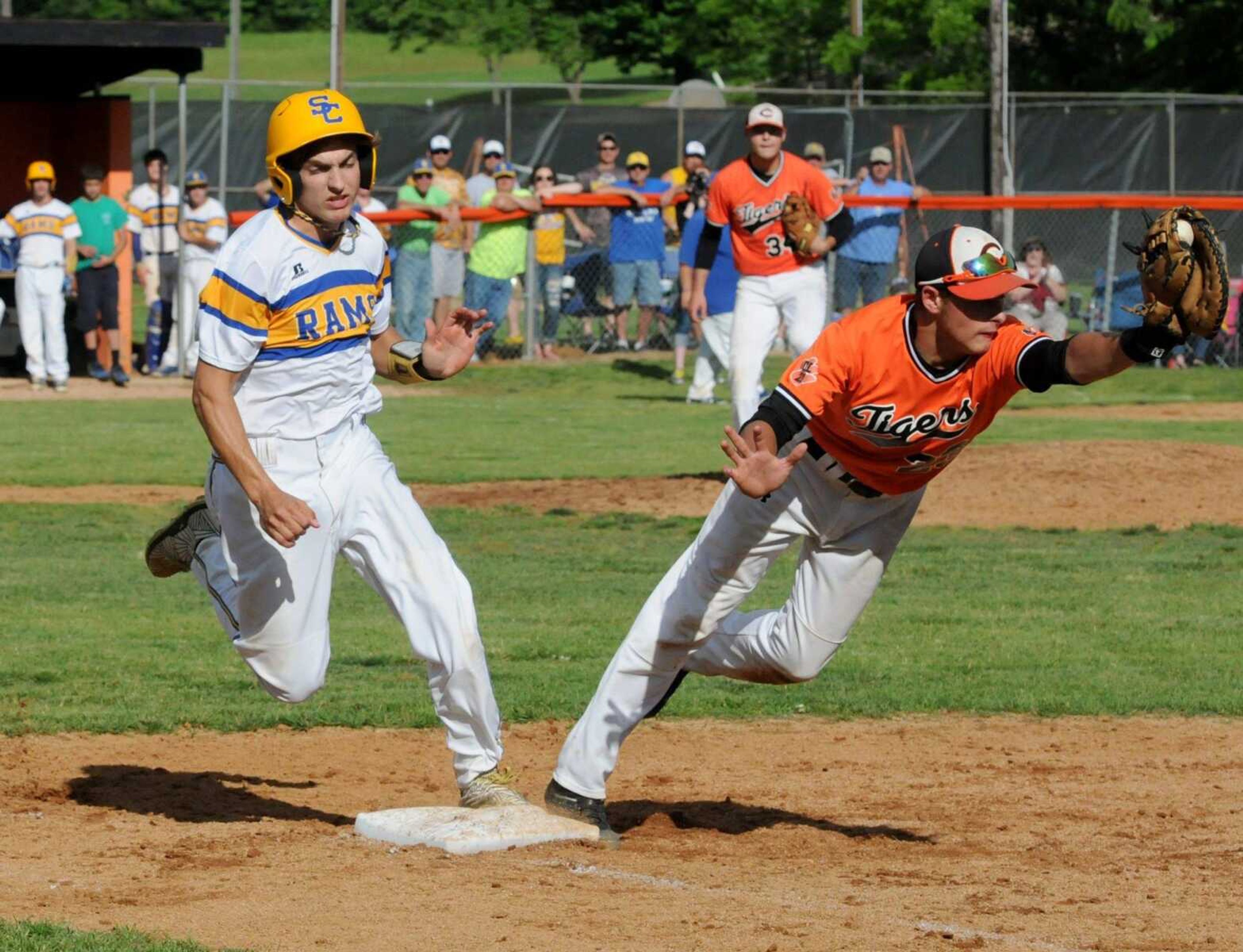 Clearwater first baseman Ty Gooch keeps his foot on the bag just long enough to get the groundout against Scott City's Dylan Keller during the MSHSAA Class 3 quarterfinals on Wednesday in Piedmont.