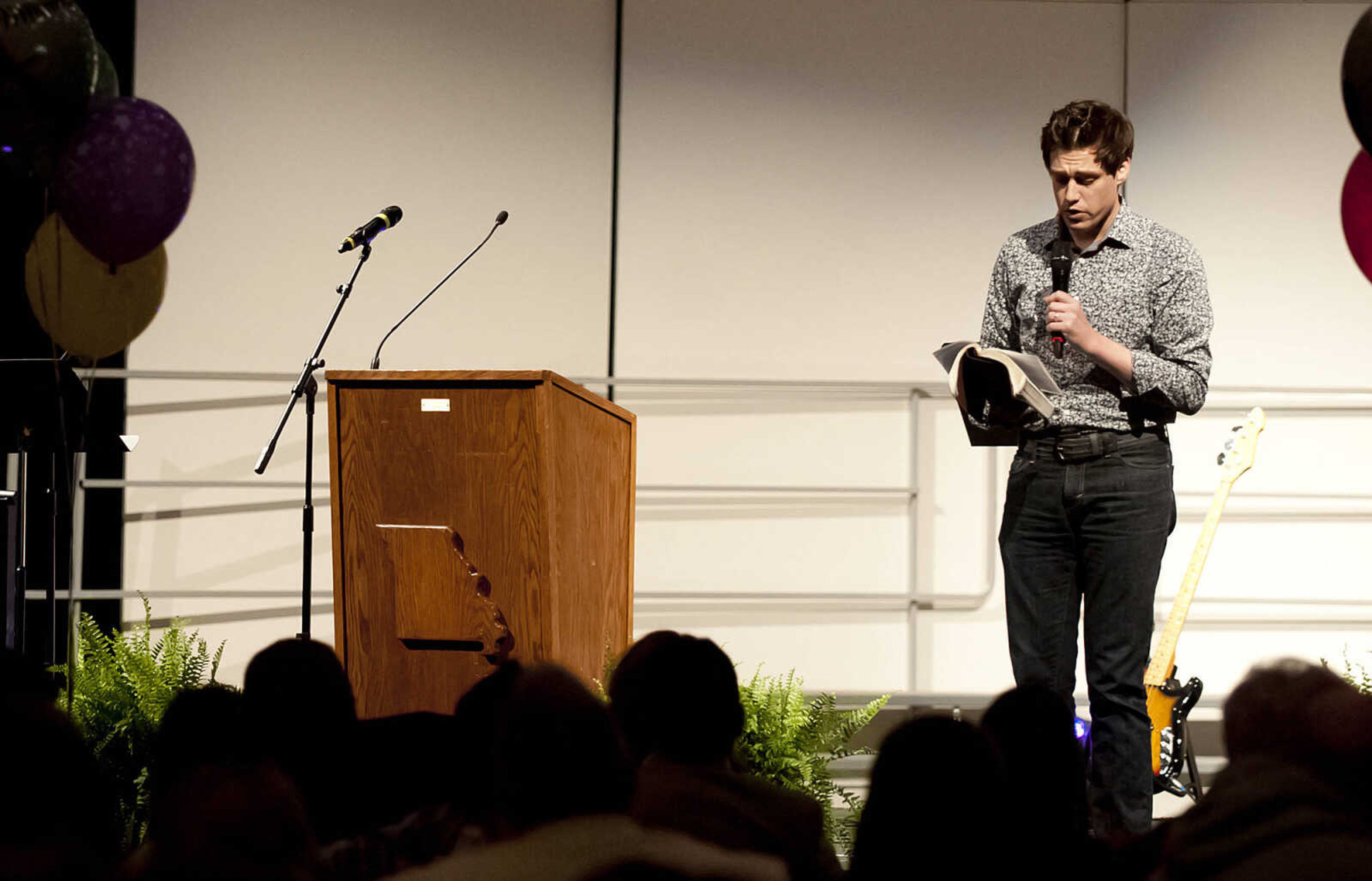 Lucas Clabough, senior pastor of First Baptist Church in Jackson, speaks about Nolan Weber during "Nolan Weber, Celebration of Life," Wednesday, April 30, at the Jackson High School Event Center. Friends, family and community members gathered to remember the former Jackson High School baseball and soccer player who passed away from brain cancer in December on what would have been Nolan's 19th birthday.