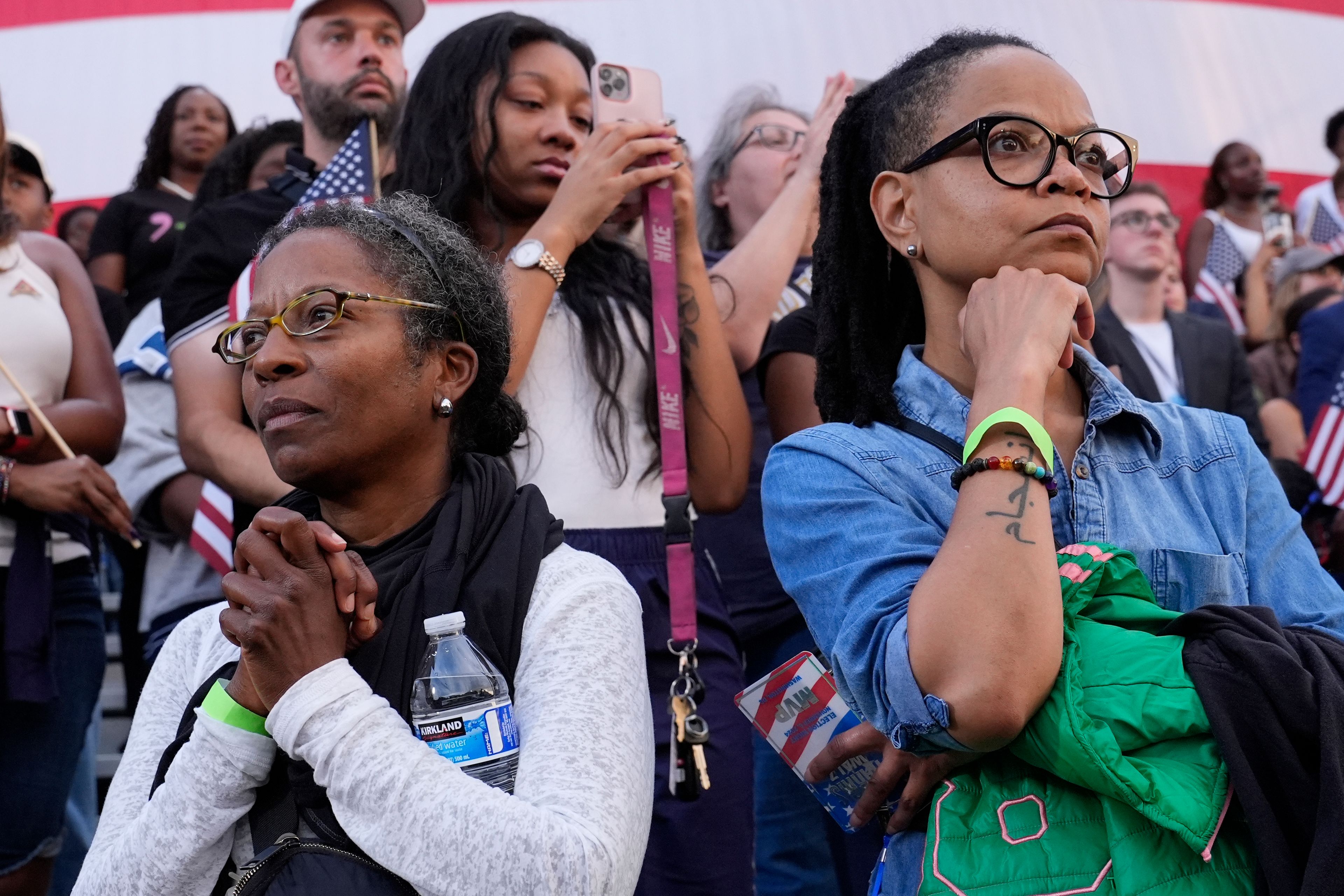 Supporters look on as Vice President Kamala Harris delivers a concession speech for the 2024 presidential election, Wednesday, Nov. 6, 2024, on the campus of Howard University in Washington. (AP Photo/Susan Walsh)