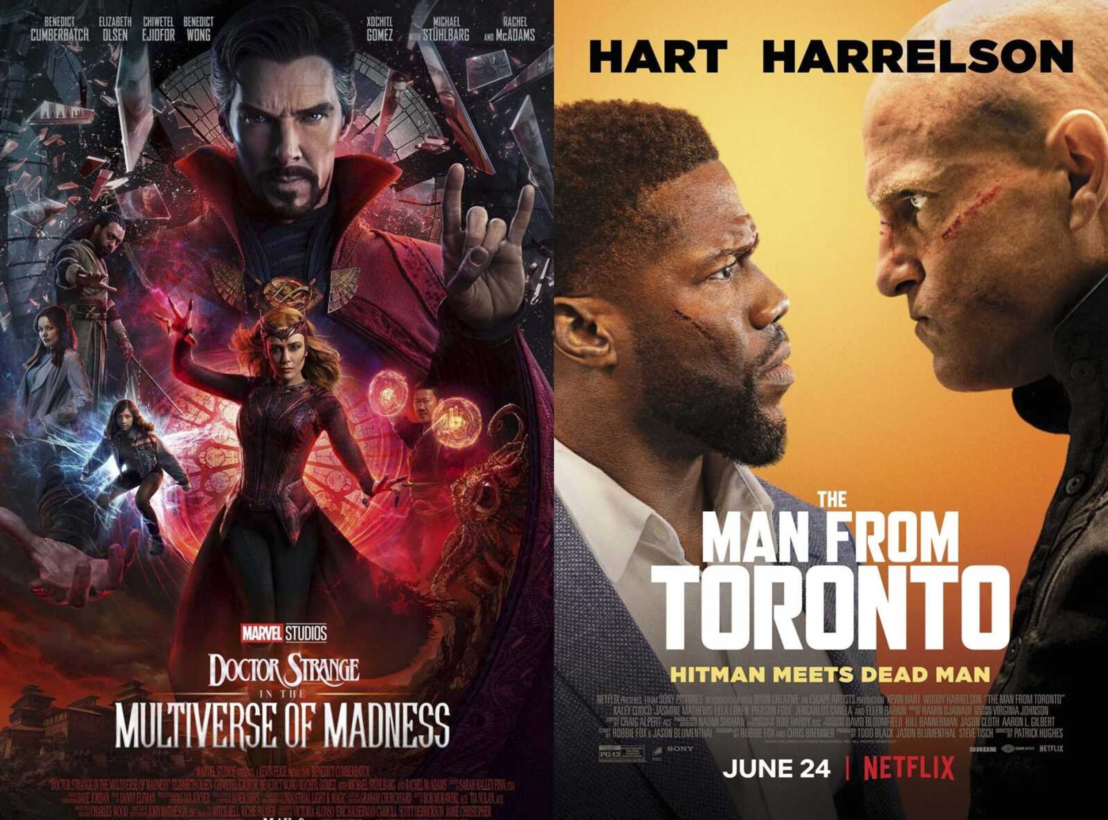 This combination of photos shows promotional art for "Doctor Strange in the Multiverse of Madness," available for streaming today on Disney+, left, and "The Man from Toronto," a film streaming Friday on Netflix.