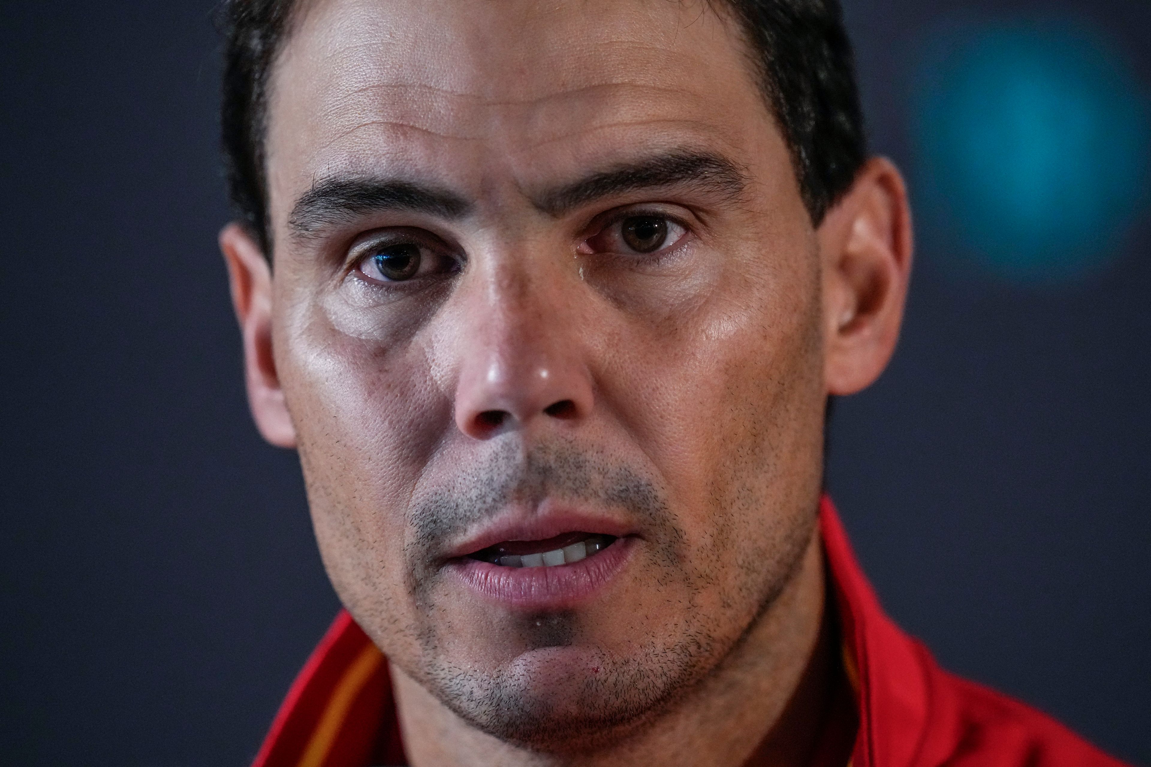 Spain's tennis player Rafael Nadal attends a press conference in Fuengirola, southern Spain, on Monday, Nov. 18, 2024. (AP Photo/Manu Fernandez)