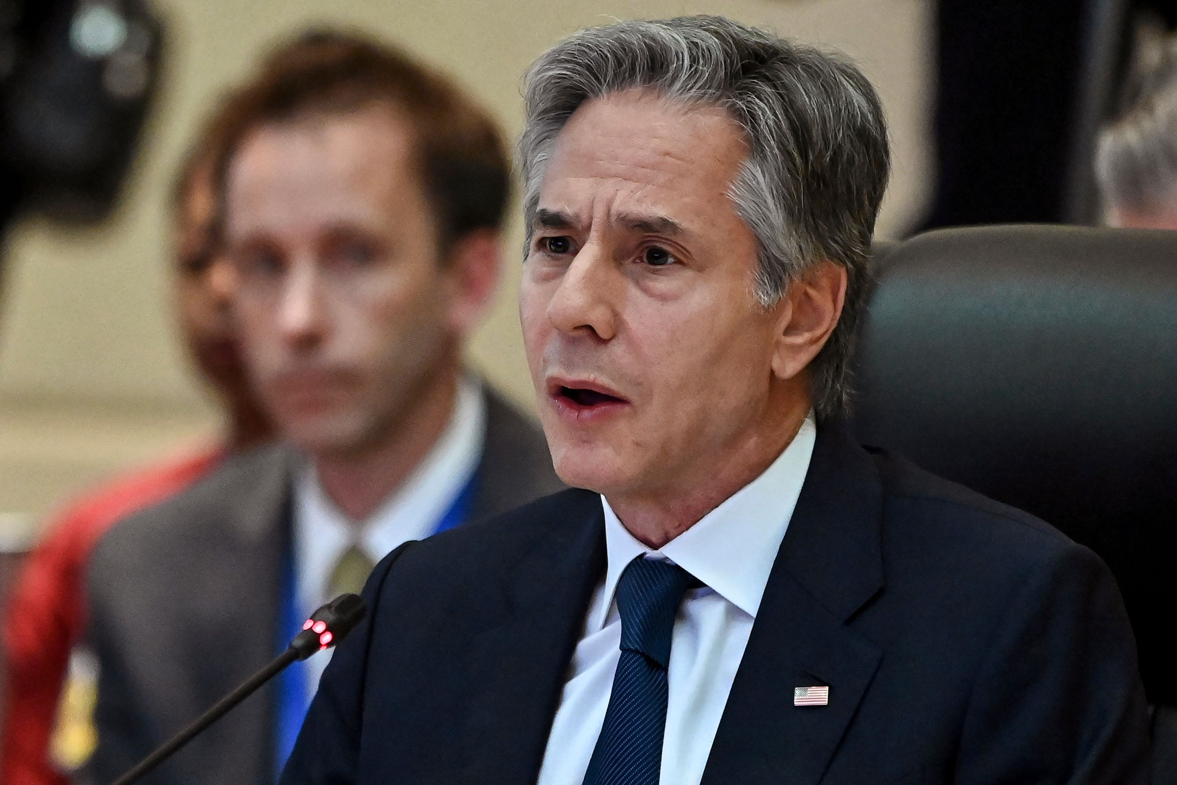 U.S. Secretary of State Antony Blinken speaks at the 12th ASEAN-U.S. Summit in Vientiane Friday, Oct. 11, 2024. (Tang Chhin Sothy/Pool Photo via AP)