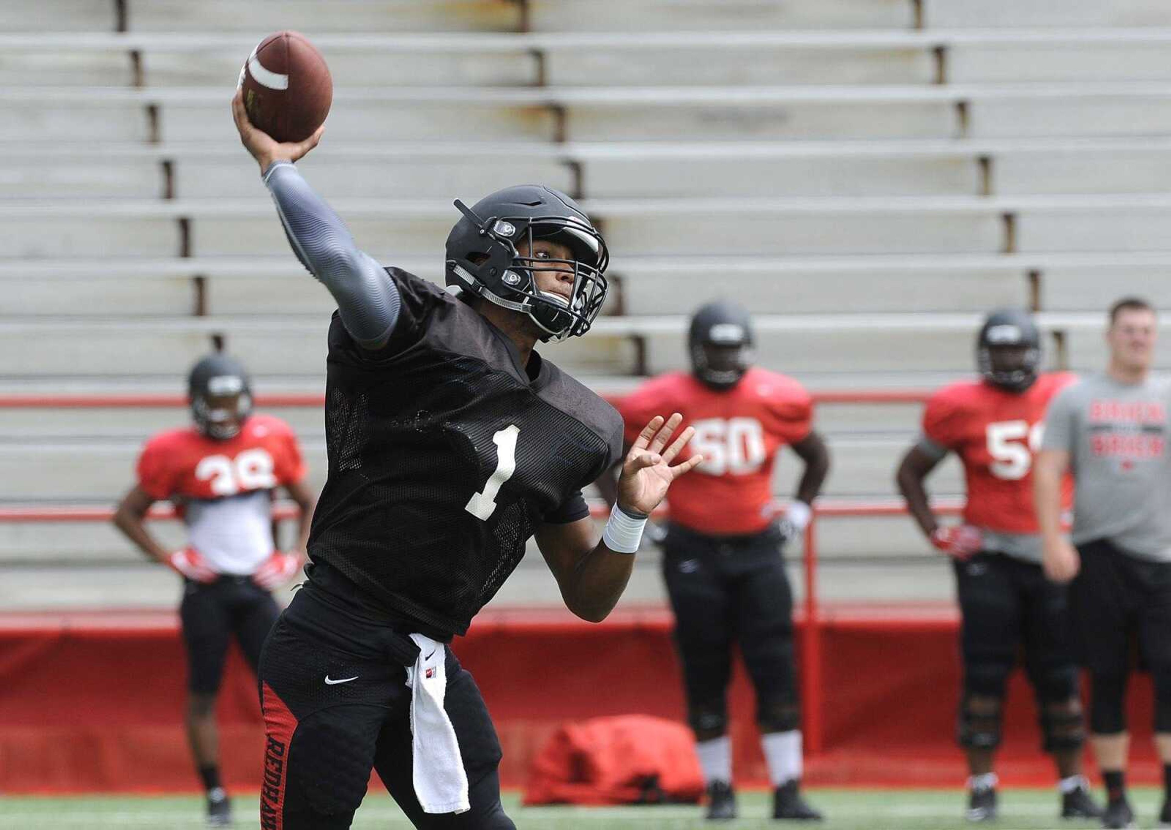 Southeast Missouri State quarterback Dante Vandeven throws a pass during a scrimmage Saturday, Aug. 8, 2016 at Houck Stadium.