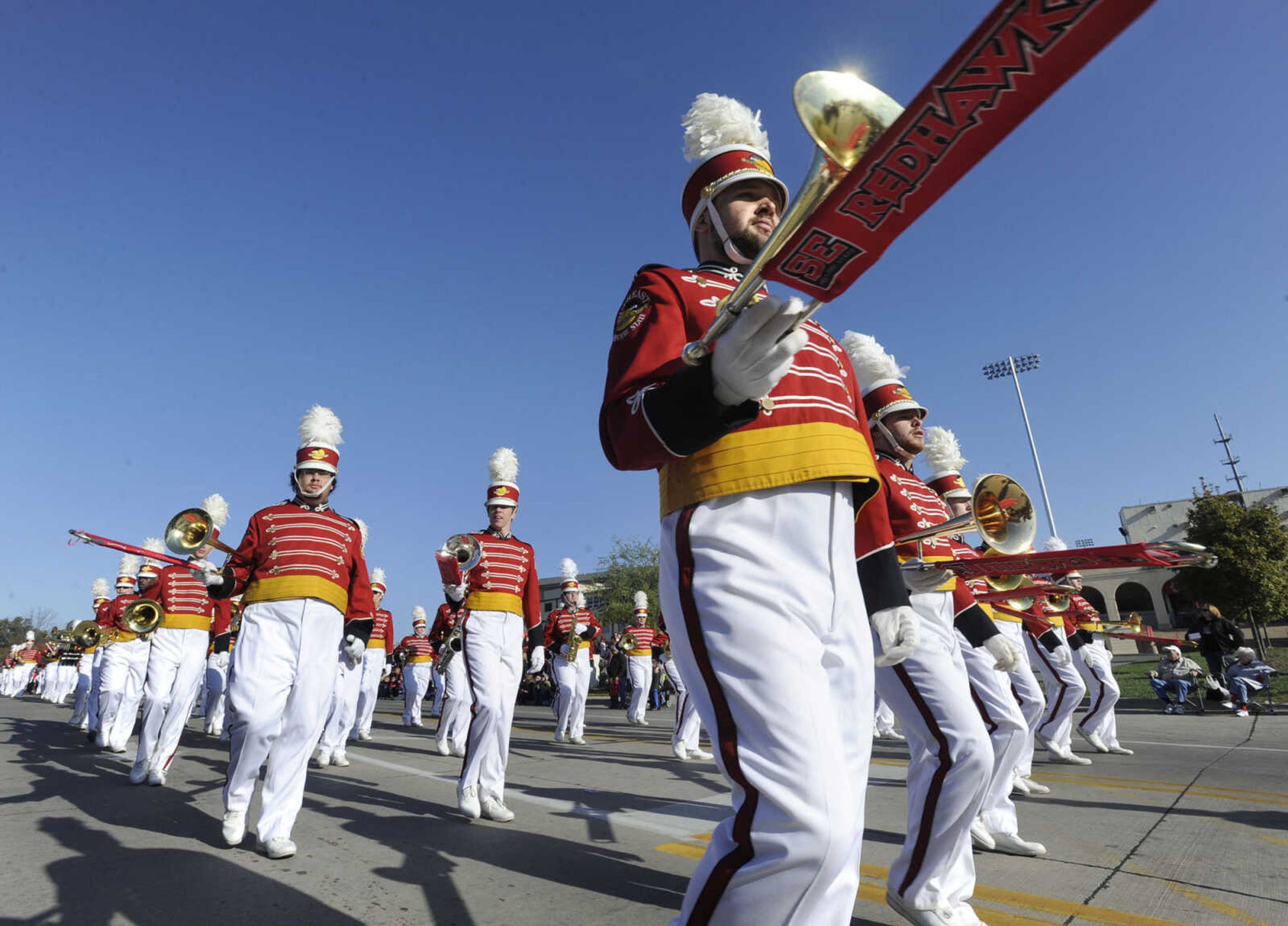 The Golden Eagles Marching Band leads the homecoming parade.