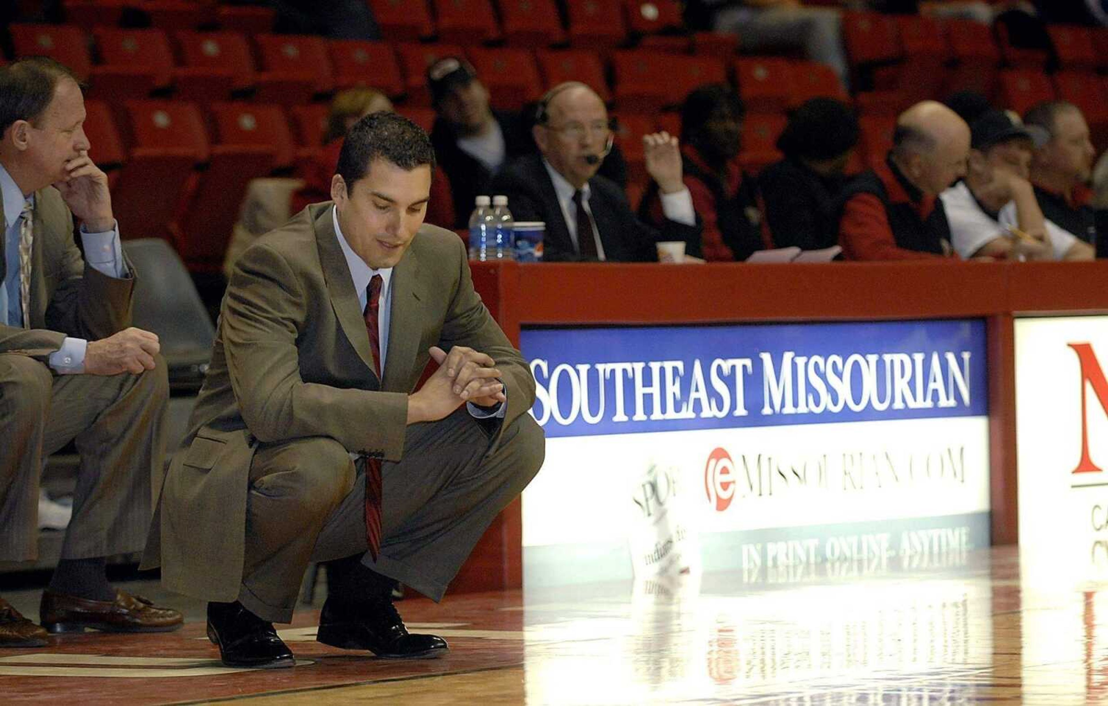 KIT DOYLE ~ kdoyle@semissourian.com<br>Southeast Missouri State coach Zac Roman looks down following a bad play by the Redhawks Thursday, January 29, 2009, against Jacksonville State at the Show Me Center.