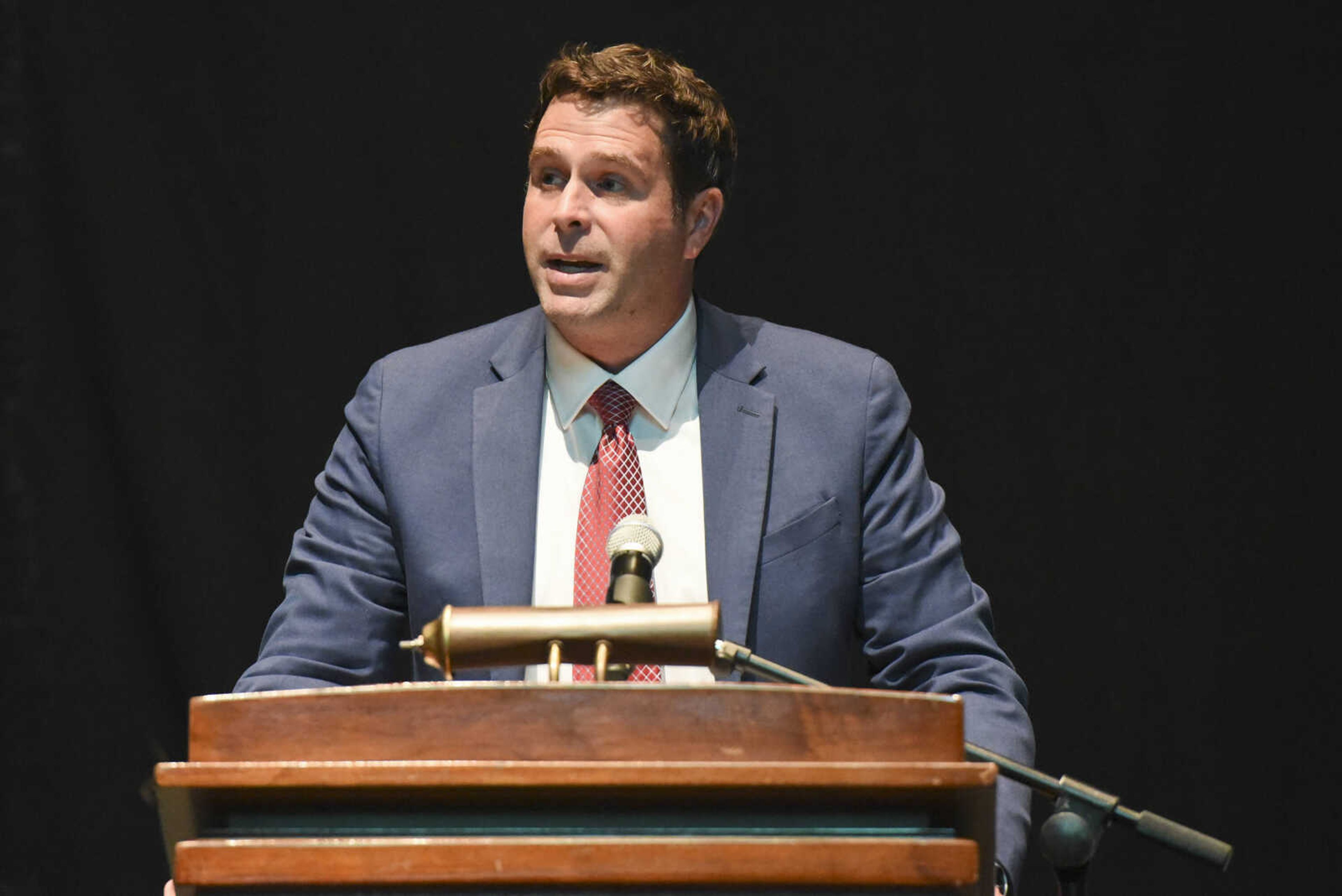 Aaron Panton, Chamber board chairman and regional president of The Bank of Missouri, speaks during the 2021 Annual Cape Chamber Dinner Thursday, Oct. 21, at the Show Me Center in Cape Girardeau.