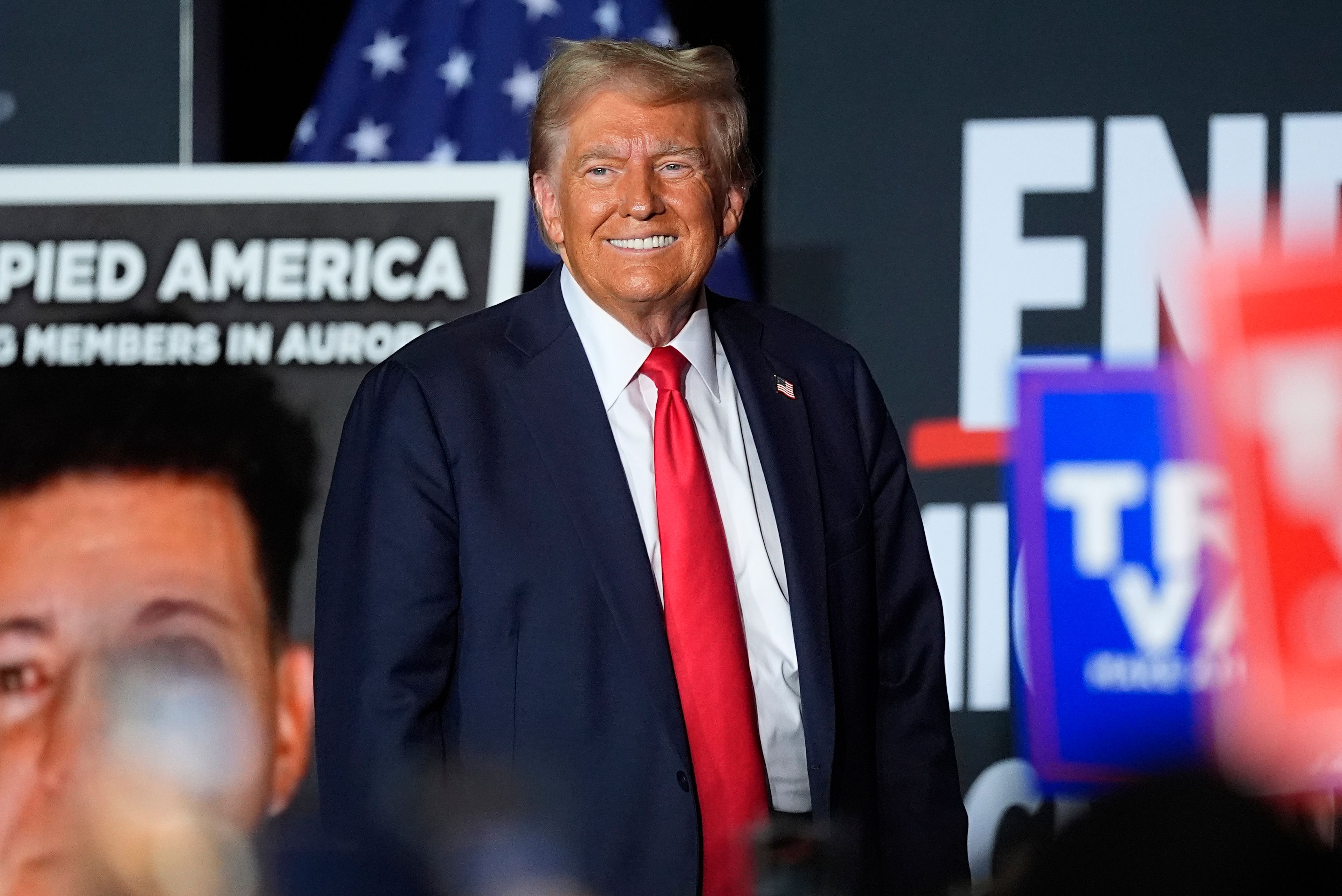 Republican presidential nominee former President Donald Trump smiles after speaking at a campaign rally at the Gaylord Rockies Resort & Convention Center, Friday, Oct. 11, 2024, in Aurora, Colo. (AP Photo/David Zalubowski)