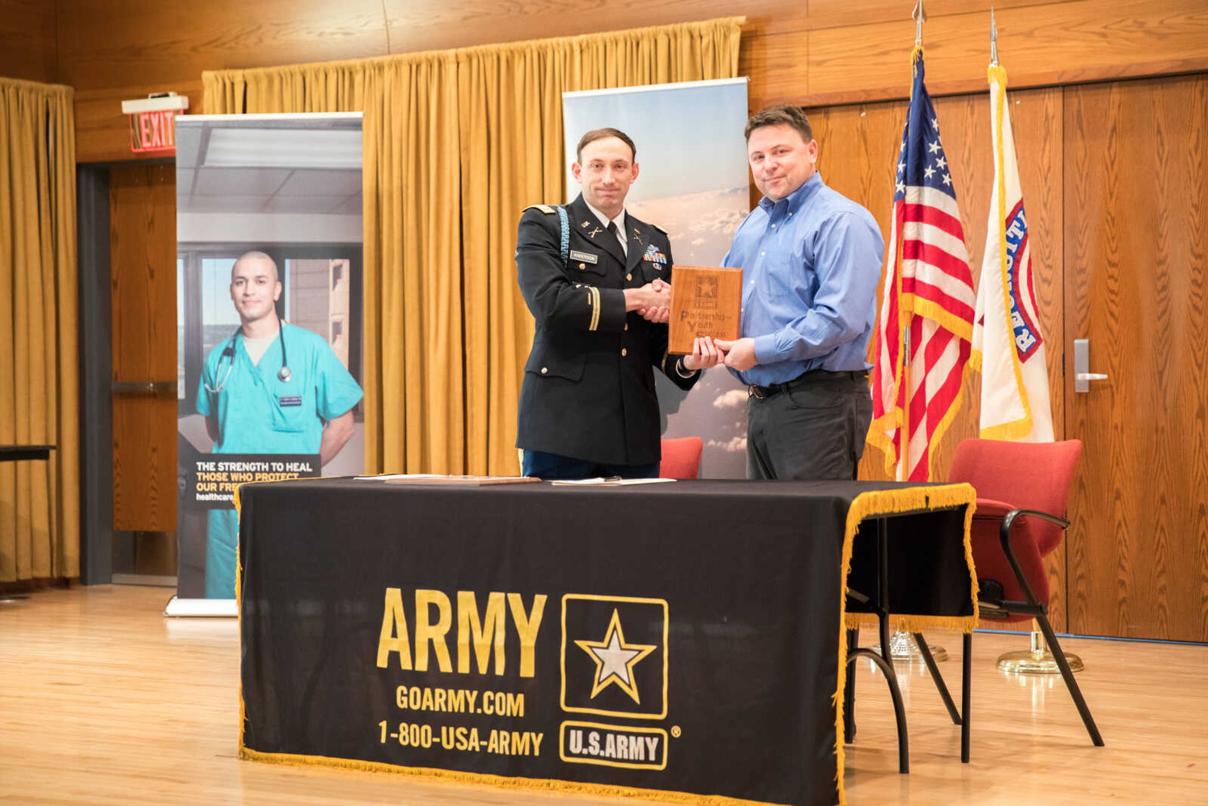 U.S. Army Captain Jason L. Anderson, Commander of the Cape Girardeau Recruiting Company, and Rhodes Convenience Stores President Jeff Maurer signed an official partnership between Rhodes and the U.S. Army PaYS program on March 22, 2017.  As a PaYS partner, Rhodes guarantees honorably discharged Soldiers and Army Reservists a job interview and possible employment after their service in the Army.