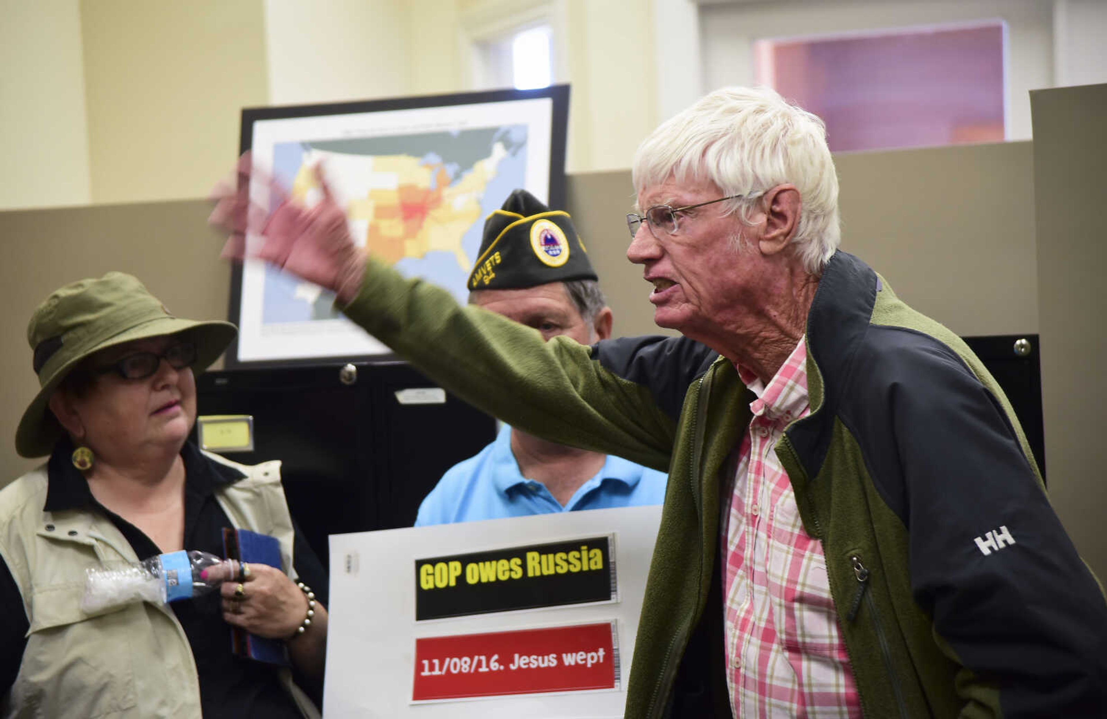 Leigh Fredrickson from just North of Puxico, waves his hand as he talks with District Director, Darren Lingle, about concerns he has for Senator Roy Blunt in U.S. Sen. Roy Blunt's office Wednesday, Feb. 22, 2017 in Cape Girardeau.