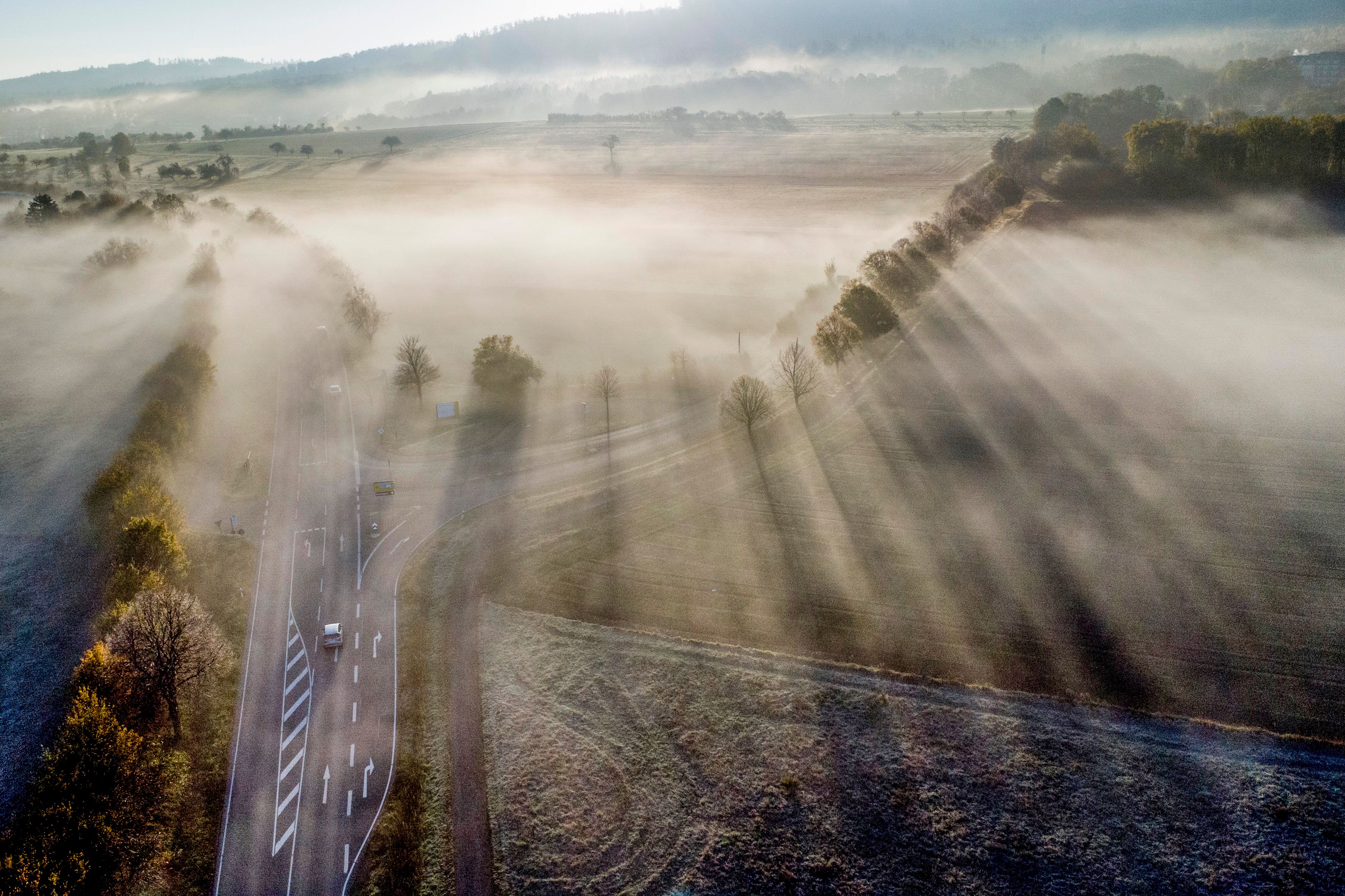 Cars drive on a road in the Taunus region near Frankfurt, Germany, on a foggy Monday, Nov. 4, 2024. (AP Photo/Michael Probst)