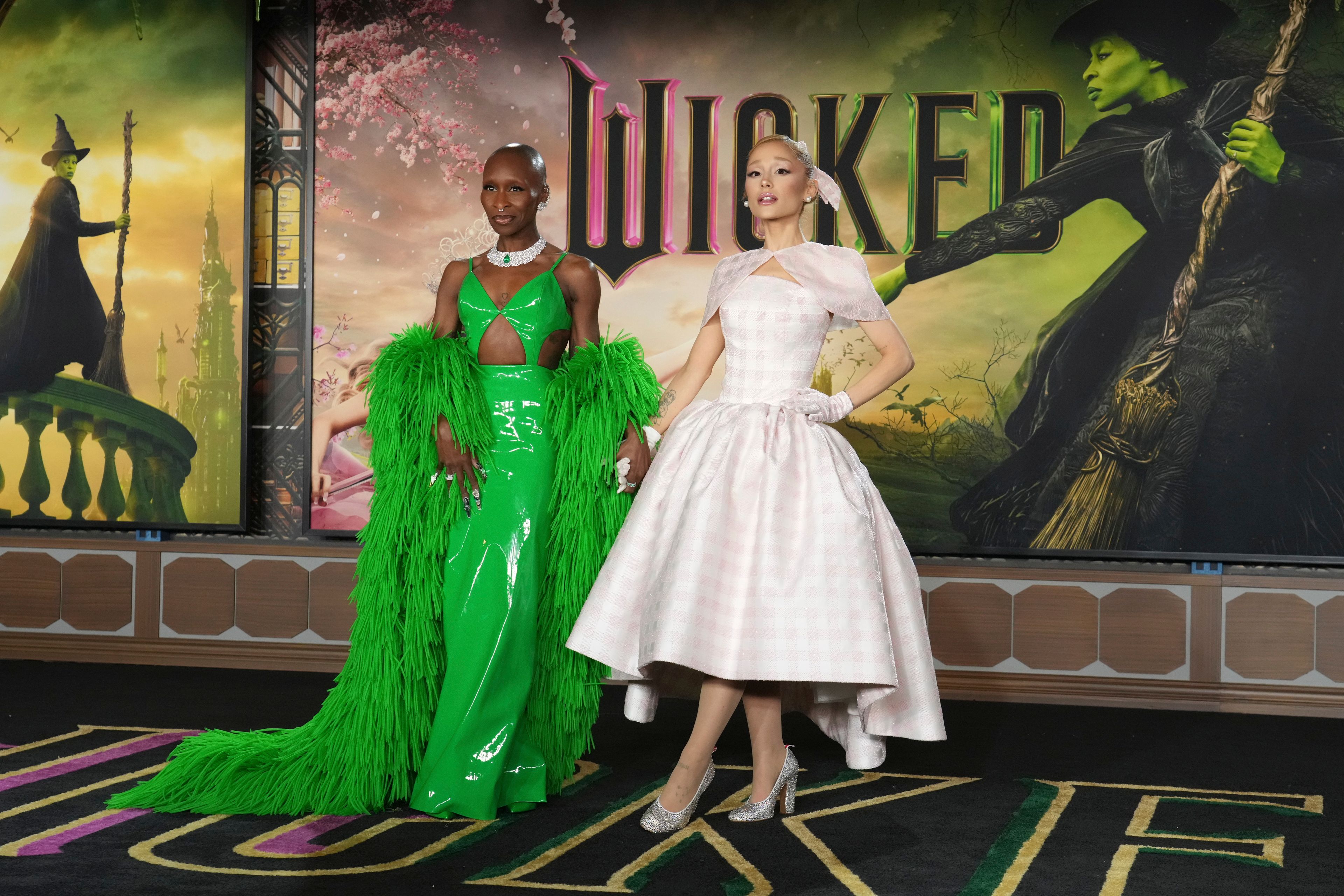 FILE - Cynthia Erivo, left, and Ariana Grande arrive at the premiere of "Wicked" on Nov. 9, 2024, at Dorothy Chandler Pavilion in Los Angeles. (Photo by Jordan Strauss/Invision/AP, File)