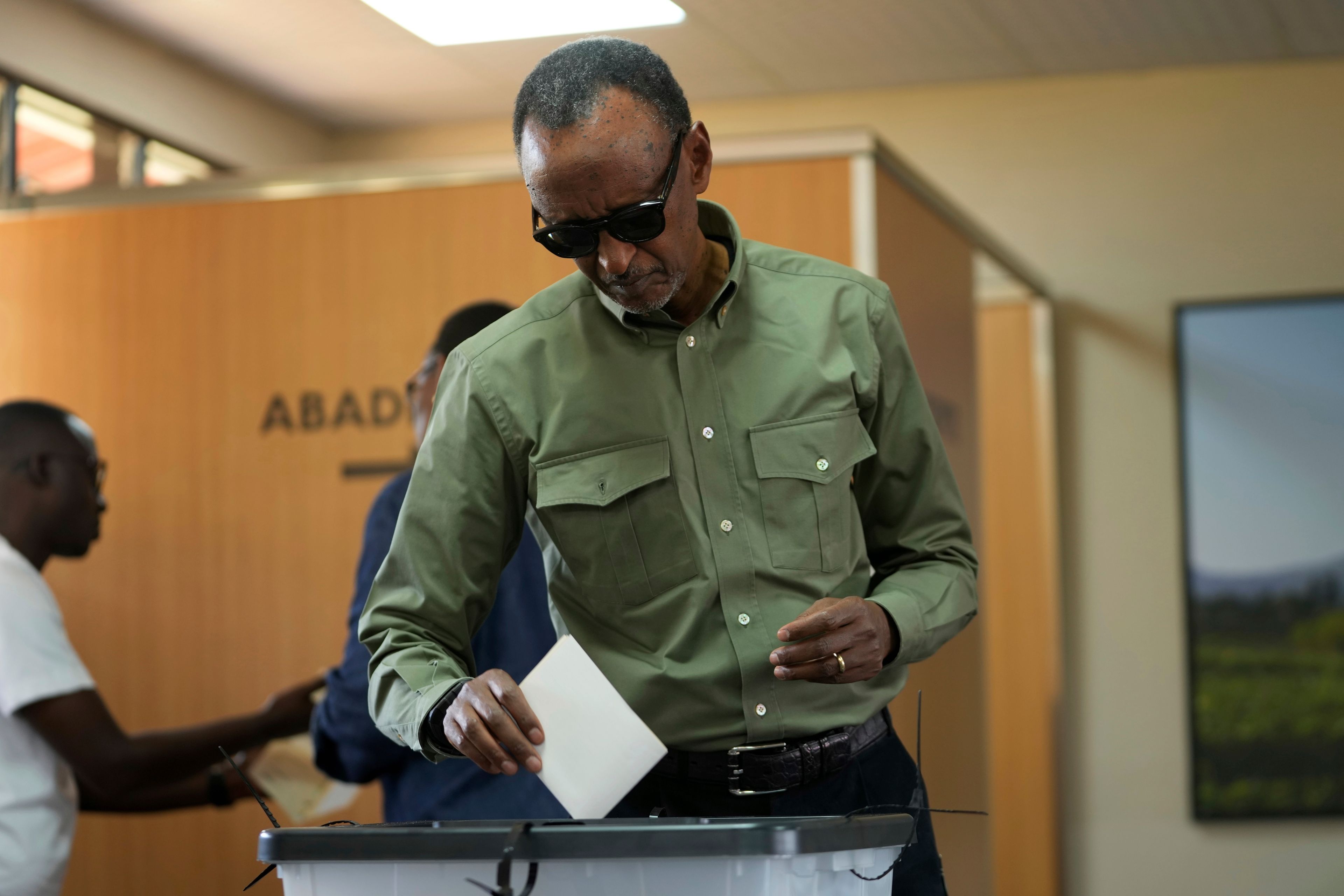 FILE - Rwanda's President Paul Kagame casts his vote in a presidential election, in Kigali, July 15, 2024. (AP Photo/Brian Inganga, File)