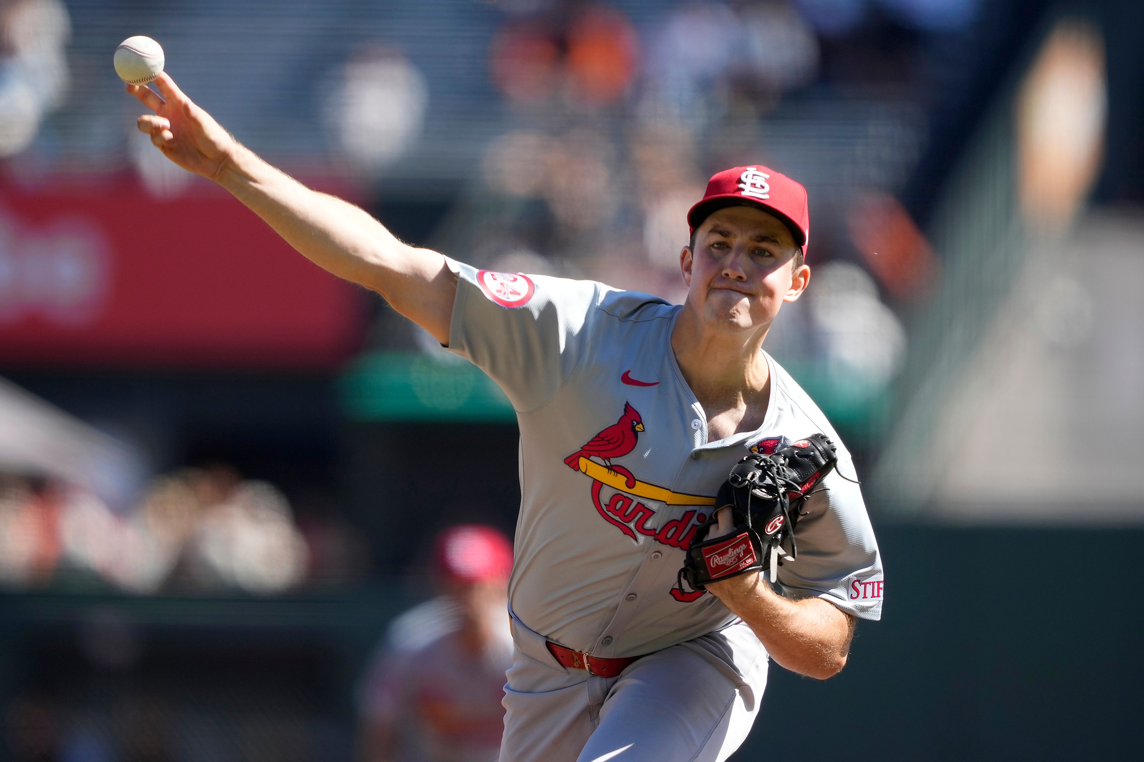 St. Louis Cardinals pitcher Michael McGreevy throws against the San Francisco Giants during the first inning of a baseball game Sunday, Sept. 29, 2024, in San Francisco. (AP Photo/Tony Avelar)