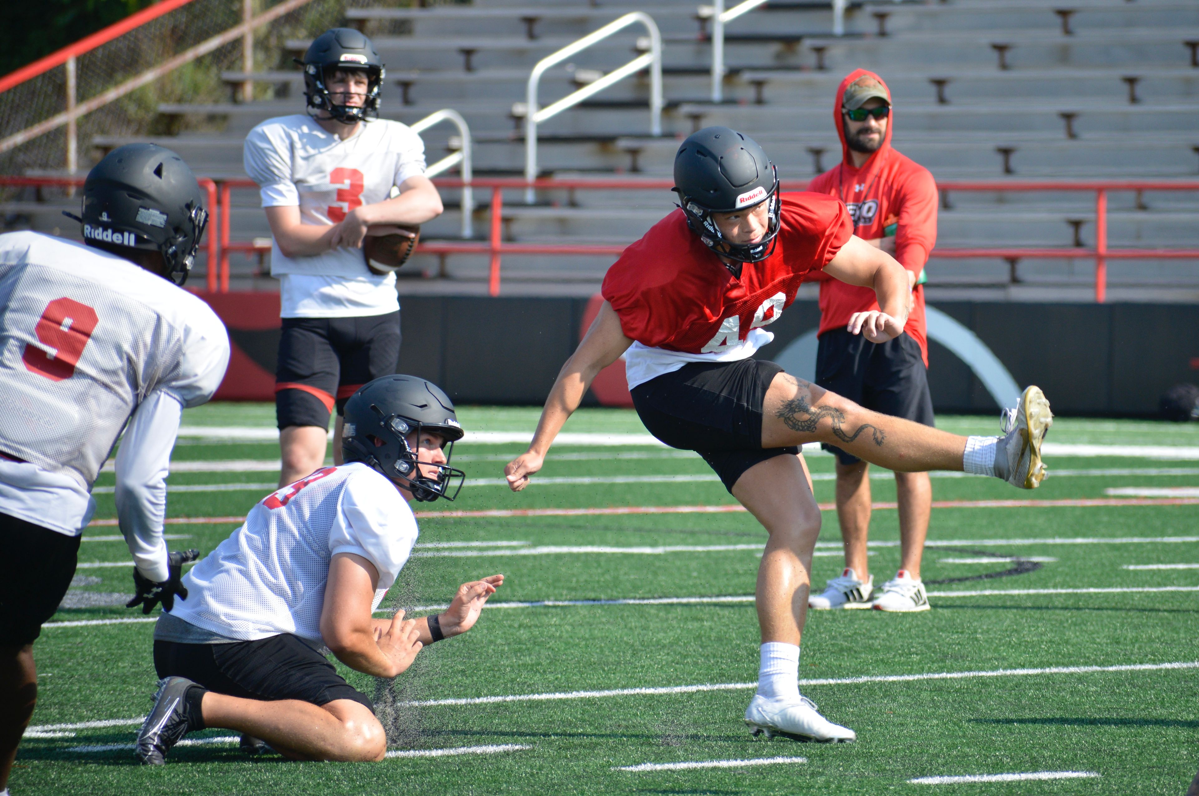 Southeast Missouri State kicker DC Pippin kicks a field goal during a recent practice at Houck Field. 