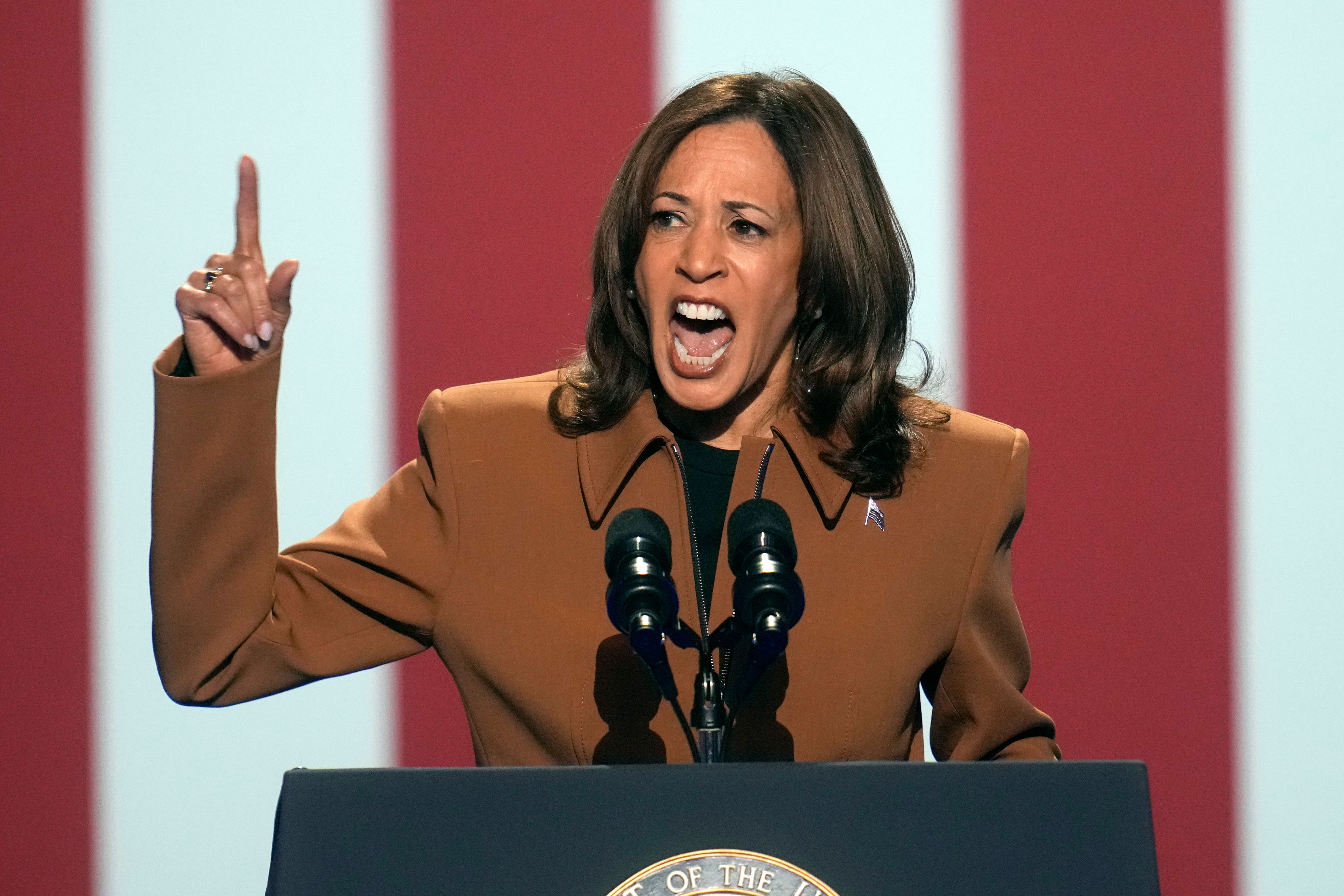 Democratic presidential nominee Vice President Kamala Harris speaks at a campaign rally at the Wings Event Center, Saturday, Oct. 26, 2024, in Kalamazoo, Mich. (AP Photo/Paul Sancya)