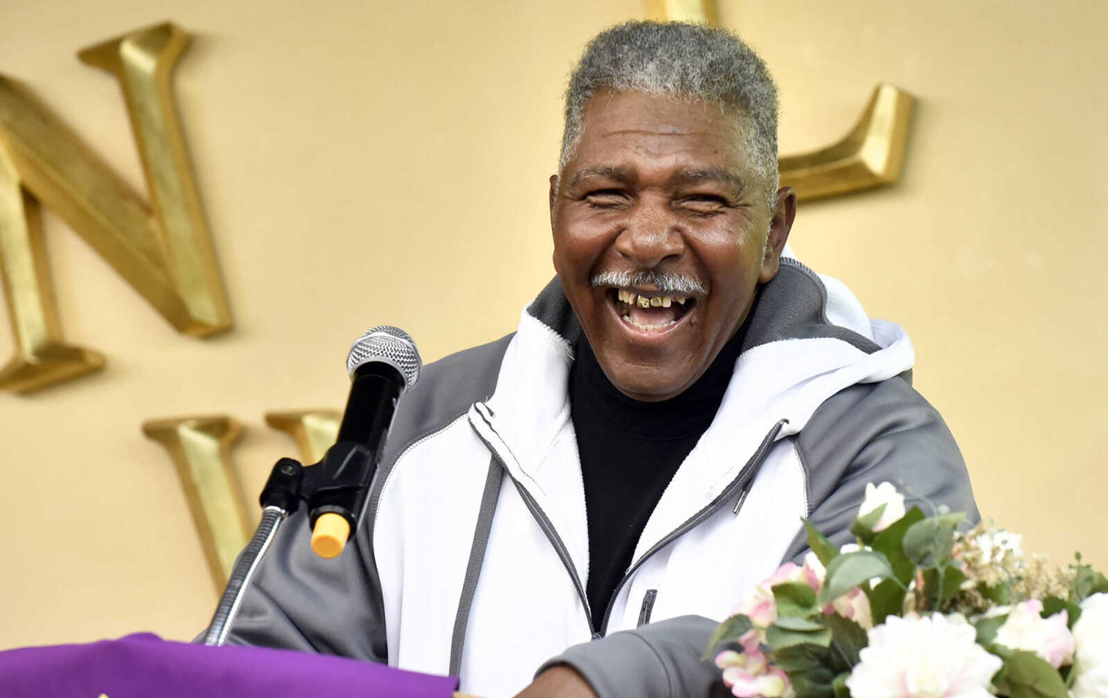 Larry McClellon has a laugh while talking to attendees during "And Justice For All's" Martin Luther King Jr. Day program on Monday, Jan. 16, 2017, at New Life New Beginning World Outreach Center in Sikeston, Missouri.