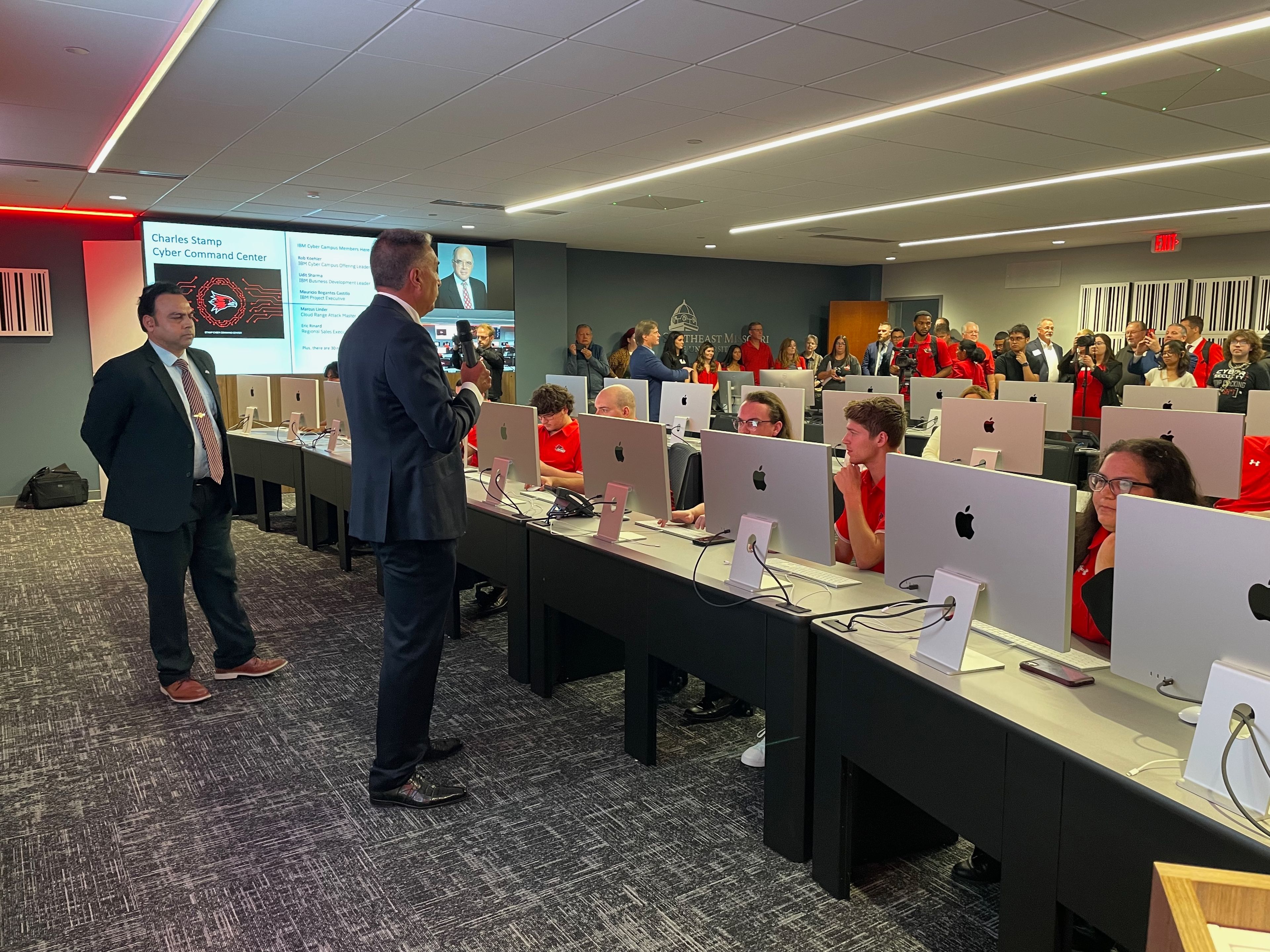 Southeast Missouri State University dedicated the Stamp Cyber Command Center on Oct. 25, 2024. Dr. Mario Garcia and IBM's Udit Sharma were two of the speakers for the day's ceremonies.