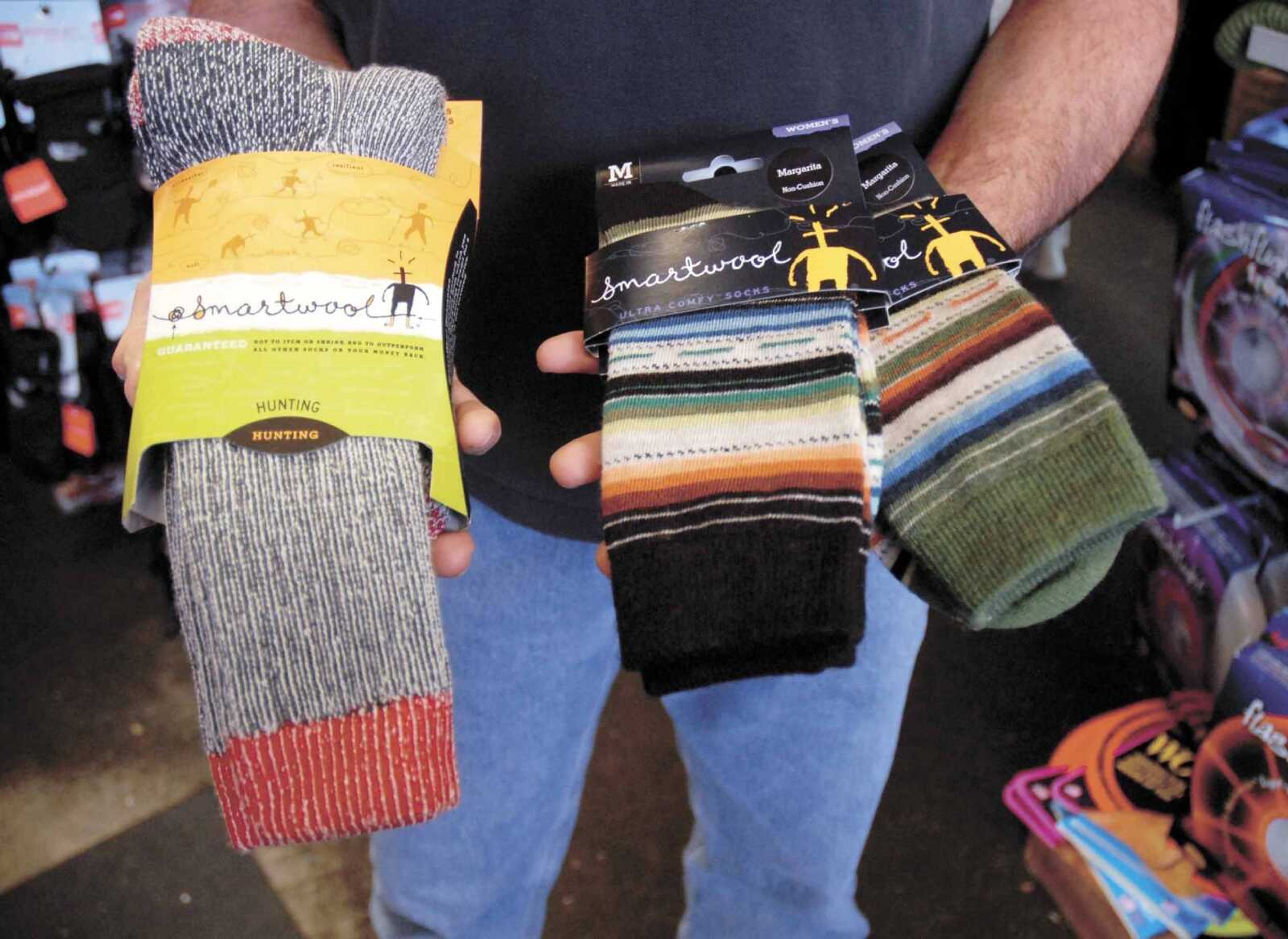 Smartwool wool socks, available at Shawnee Trails Wilderness Outfitters in Carbondale, Ill., on Dec. 13, 2007, are popular holiday gift items. (AP Photo/The Southern, Amanda Whitlock)