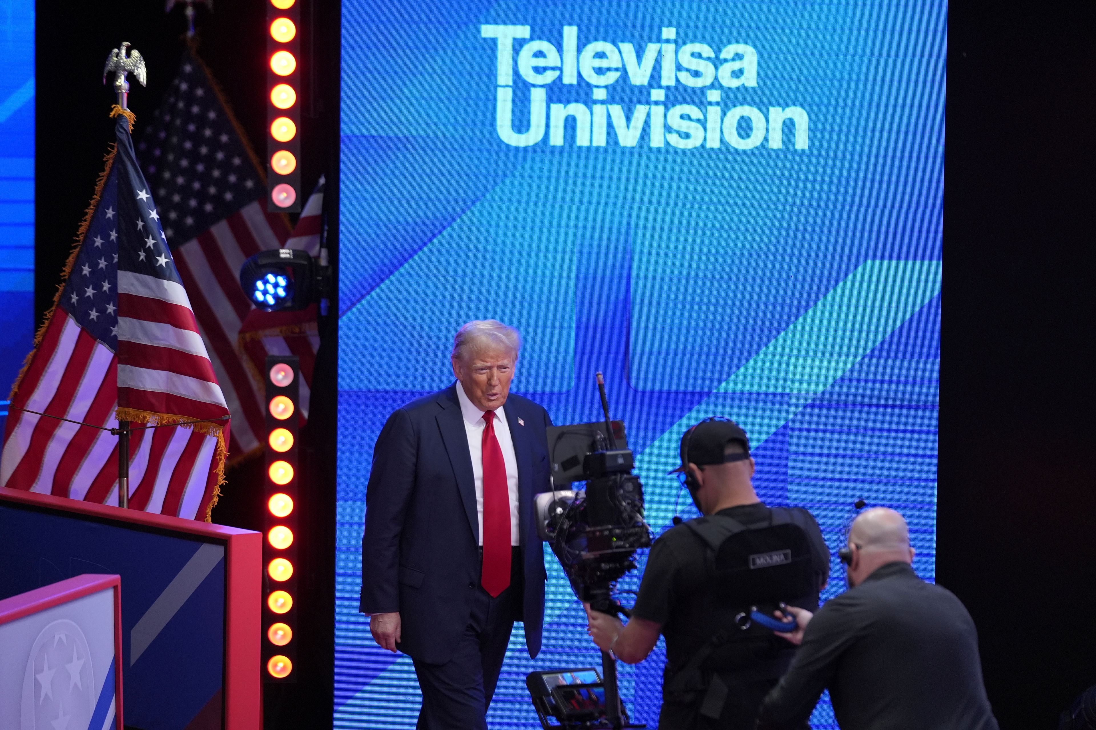 Republican presidential nominee former President Donald Trump arrives for a Univision town hall, Wednesday, Oct. 16, 2024, in Doral, Fla. (AP Photo/Alex Brandon)