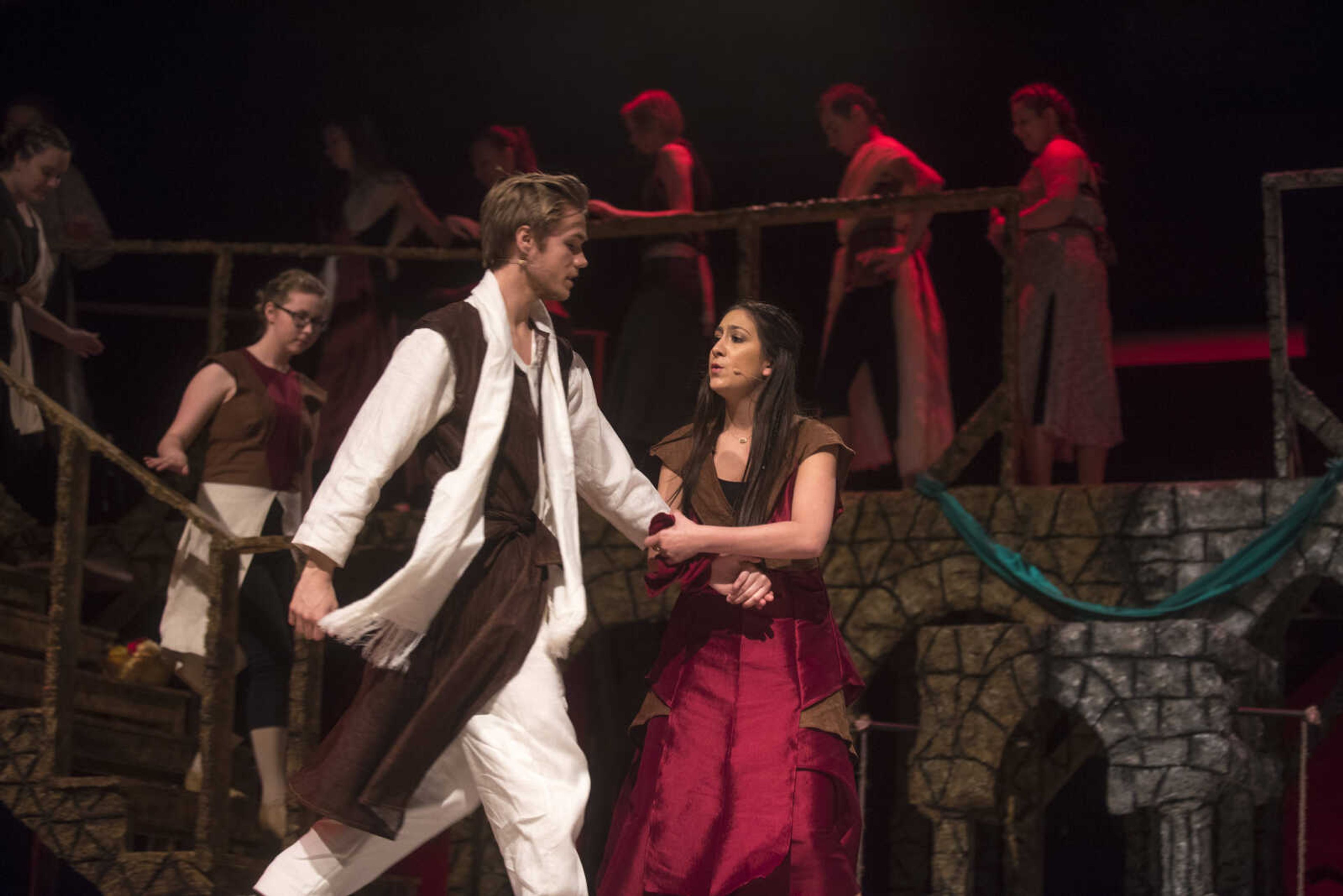 Kamron Underwood as Jesus Christ and Caroline Rollins as Mary Magdalene perform a scene of Jesus Christ Superstar during rehearsal Tuesday, March 28, 2017 at the Richard D. Kinder Performance Hall at Cape Girardeau Central High School.