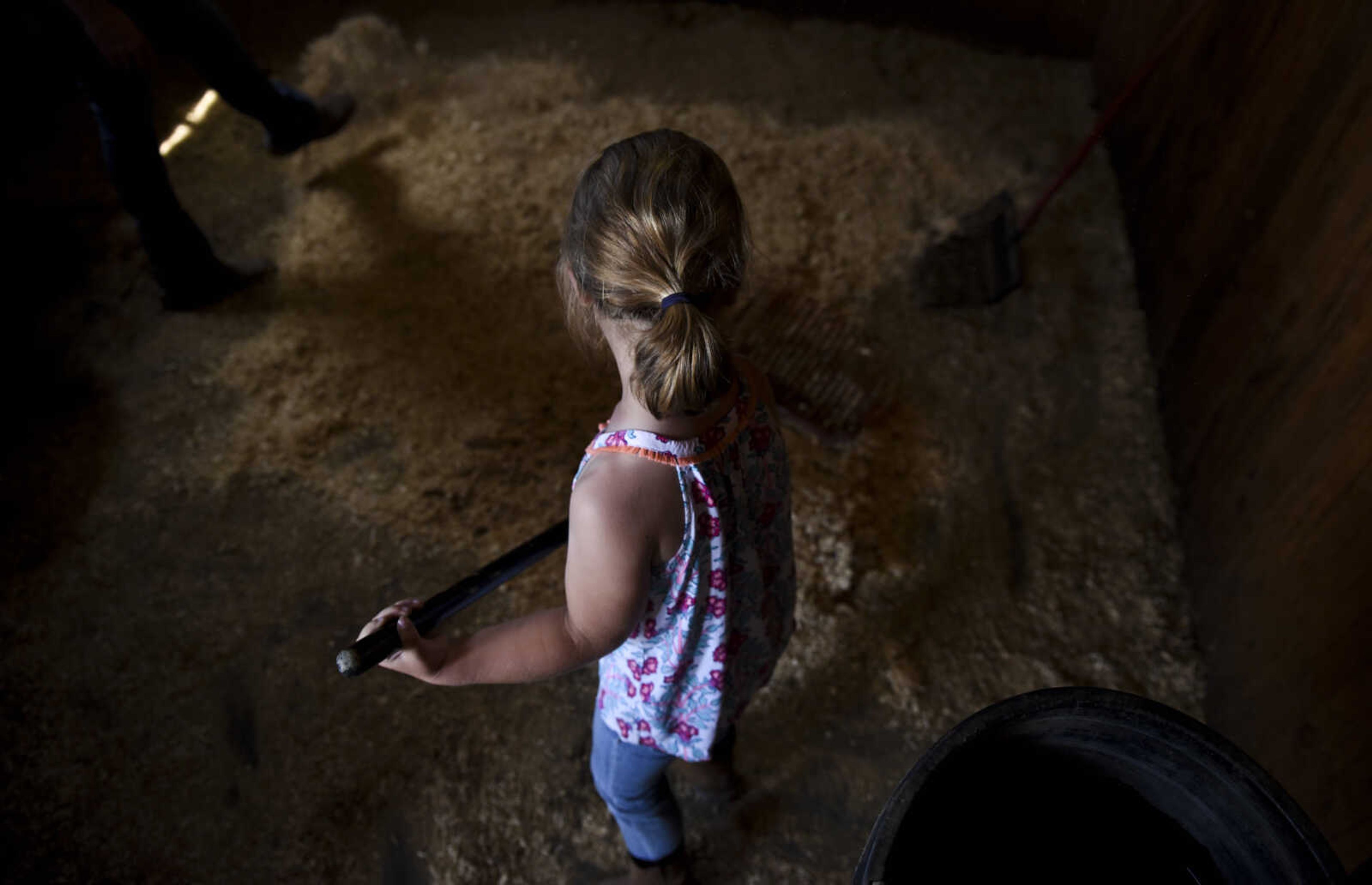 Lindyn Davenport, 6, helps lay out cedar shavings after learning how to clean a horse stall during a summer camp session at Mississippi Valley Therapeutic Horsemanship Friday, June 8, 2018 in Oak Ridge.