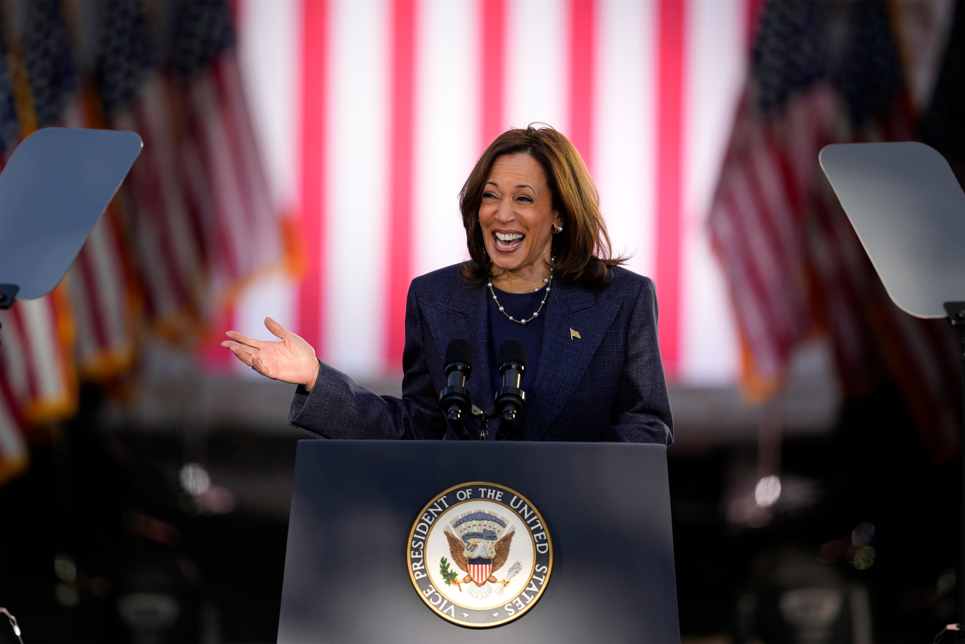 Democratic presidential nominee Vice President Kamala Harris speaks during a campaign event at Washington Crossing Historic Park, Wednesday, Oct. 16, 2024, in Washington Crossing, Pa. (AP Photo/Matt Slocum)