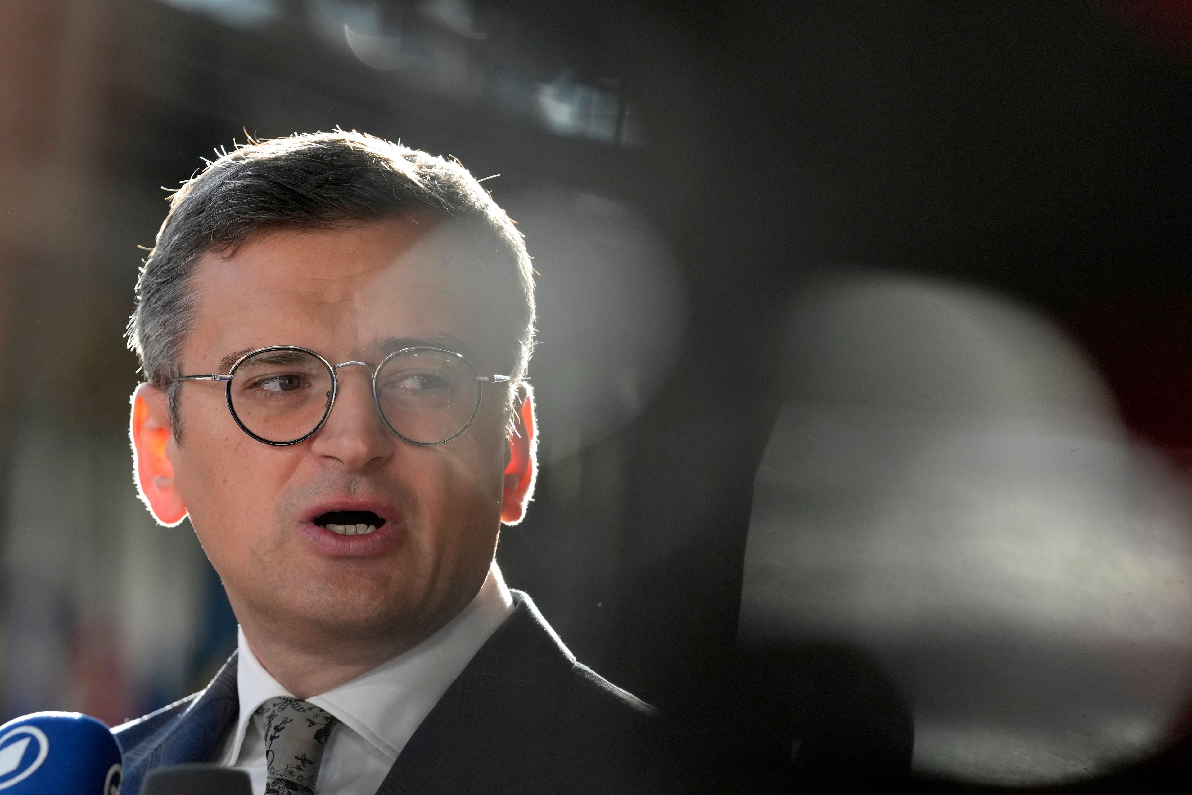 FILE - Ukraine's Foreign Minister Dmytro Kuleba speaks with the media as he arrives for a meeting of EU foreign ministers at the European Council building in Brussels, Aug. 29, 2024. (AP Photo/Virginia Mayo, File)